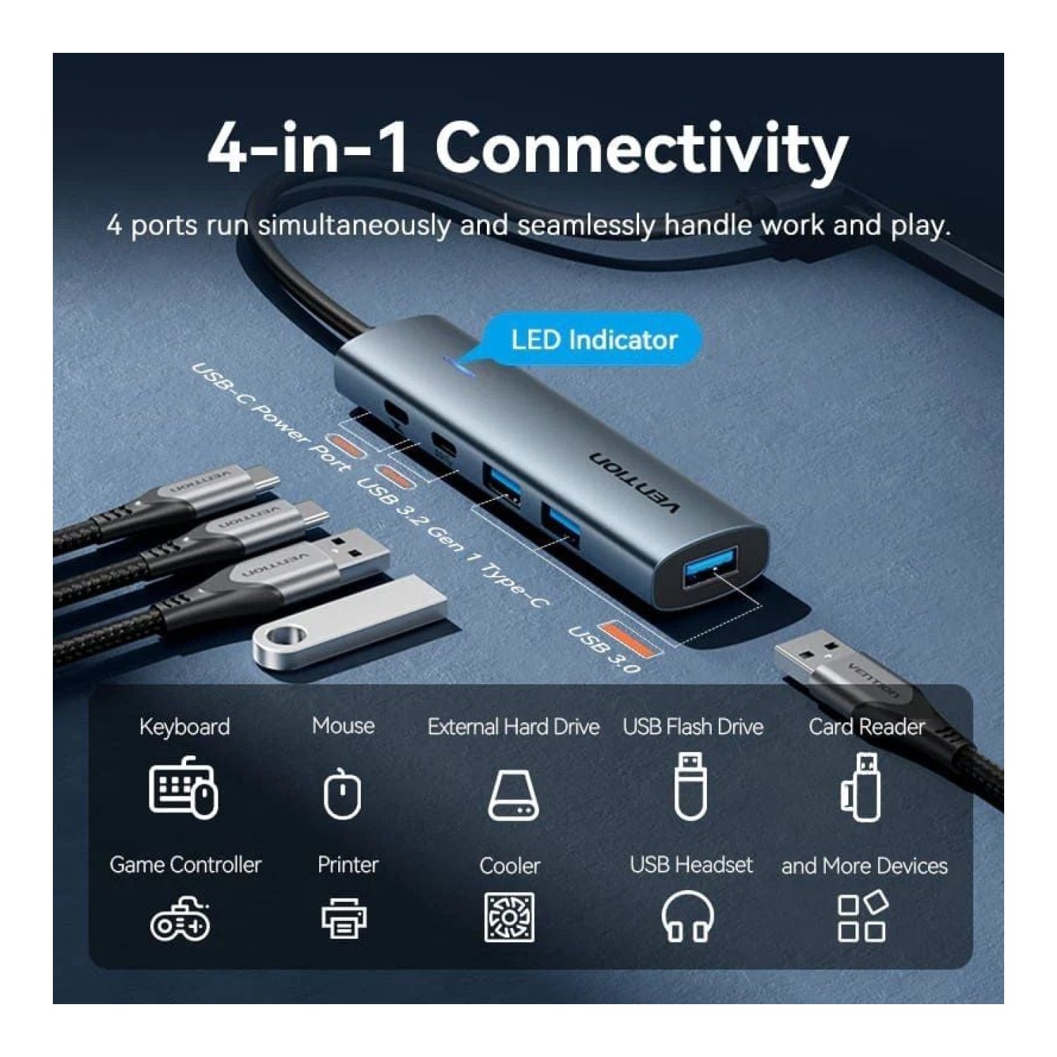Vention Hub USB 3.0 · 1x USB-C · 3x USB · 1x USB-C PD · Gris