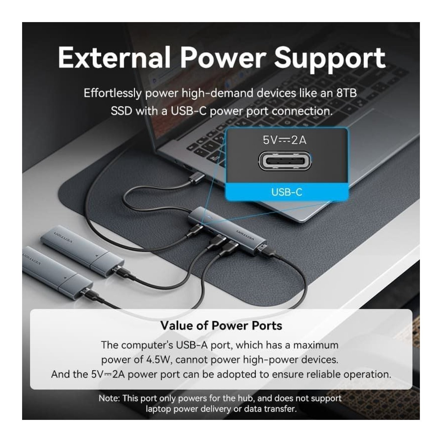 Vention Hub USB 3.0 · 1x USB-C · 3x USB · 1x USB-C PD · Gris
