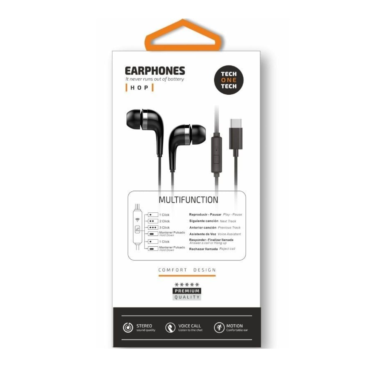 Tech One Tech earTECH · Auriculares Intrauditivos · Micrófono · USB Tipo-C · Negros