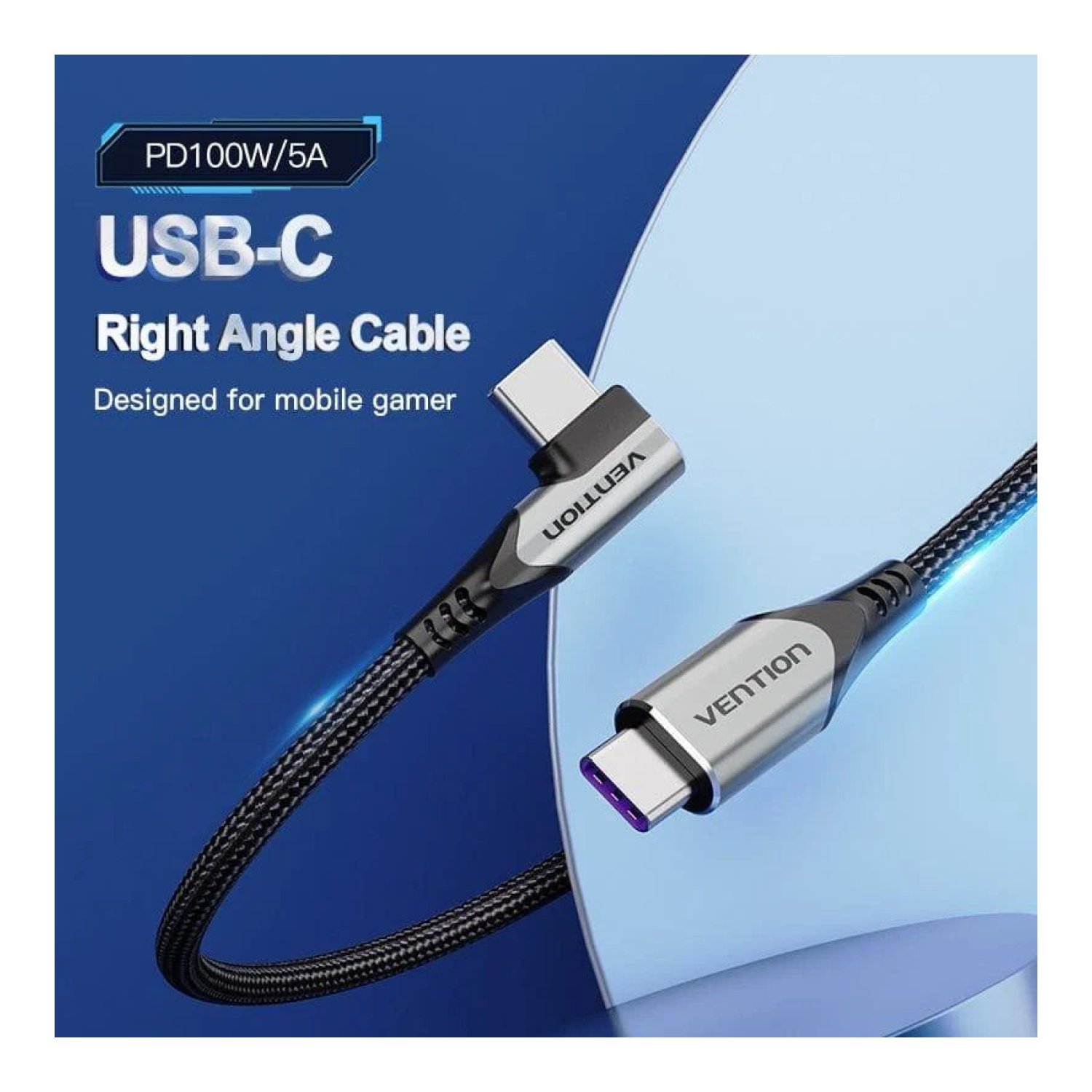 Cable USB 2.0 Tipo-C 90º Vention TAKHF/ USB Tipo-C Macho - USB Tipo-C Macho/ Hasta 100W/ 480Mbps/ 1m/ Gris