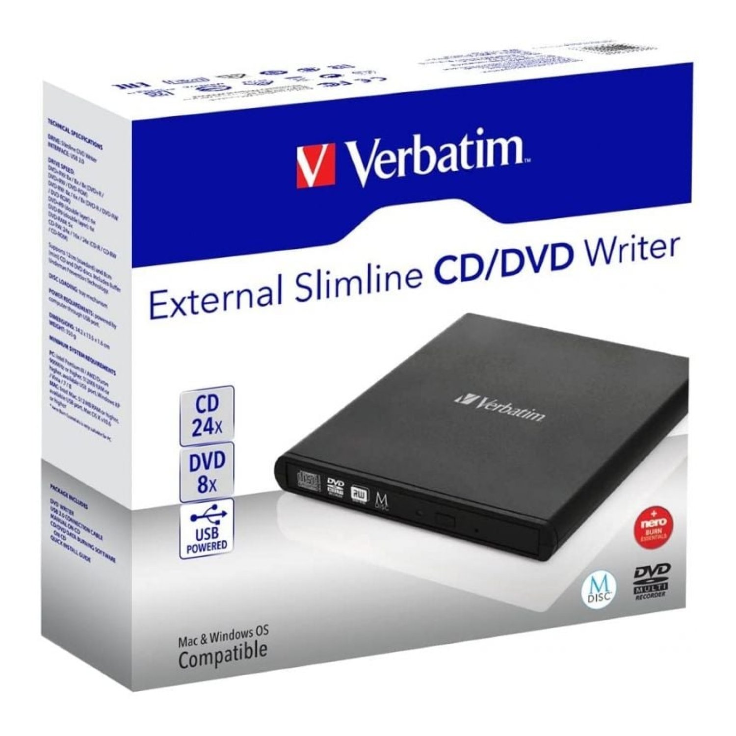 Verbatim Slimline · Grabadora Externa CD/DVD · USB · Diseño Compacto