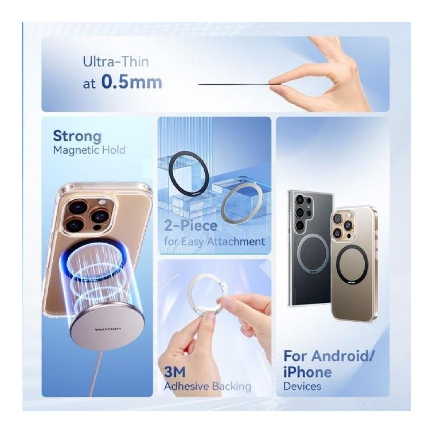 Vention · Pack 2 Pegatinas Magnéticas · Anillos de Metal · Compatible Smartphones