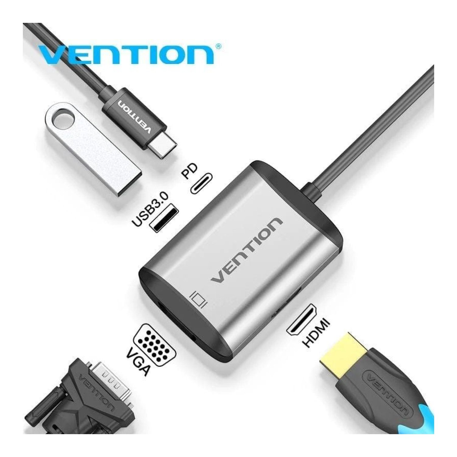 Conversor Vention TFAHB/ 1xUSB/ 1xHDMI/ 1xVGA/ 1xUSB Tipo-C PD/ Gris