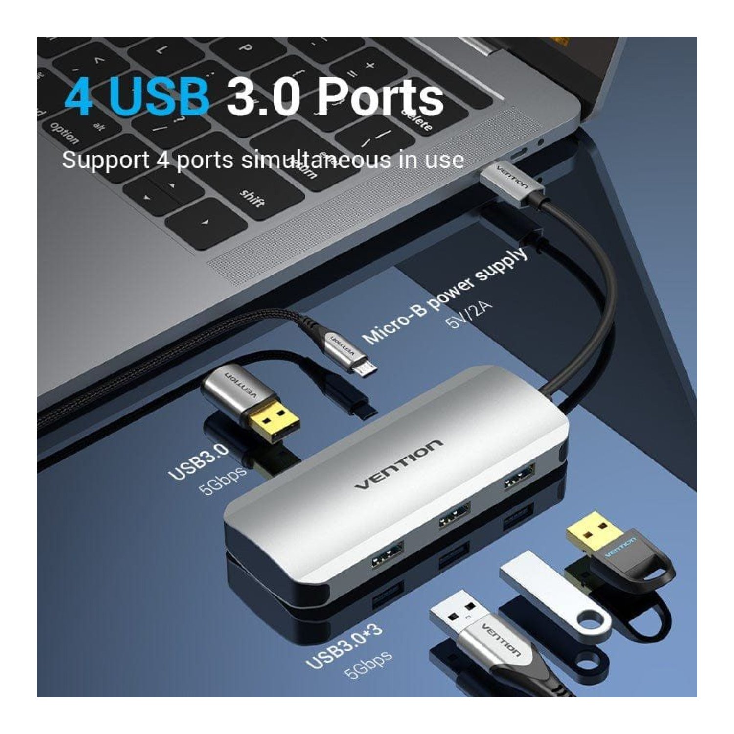 Vention Hub USB Tipo-C · 4 Puertos USB · MicroUSB · Power Delivery