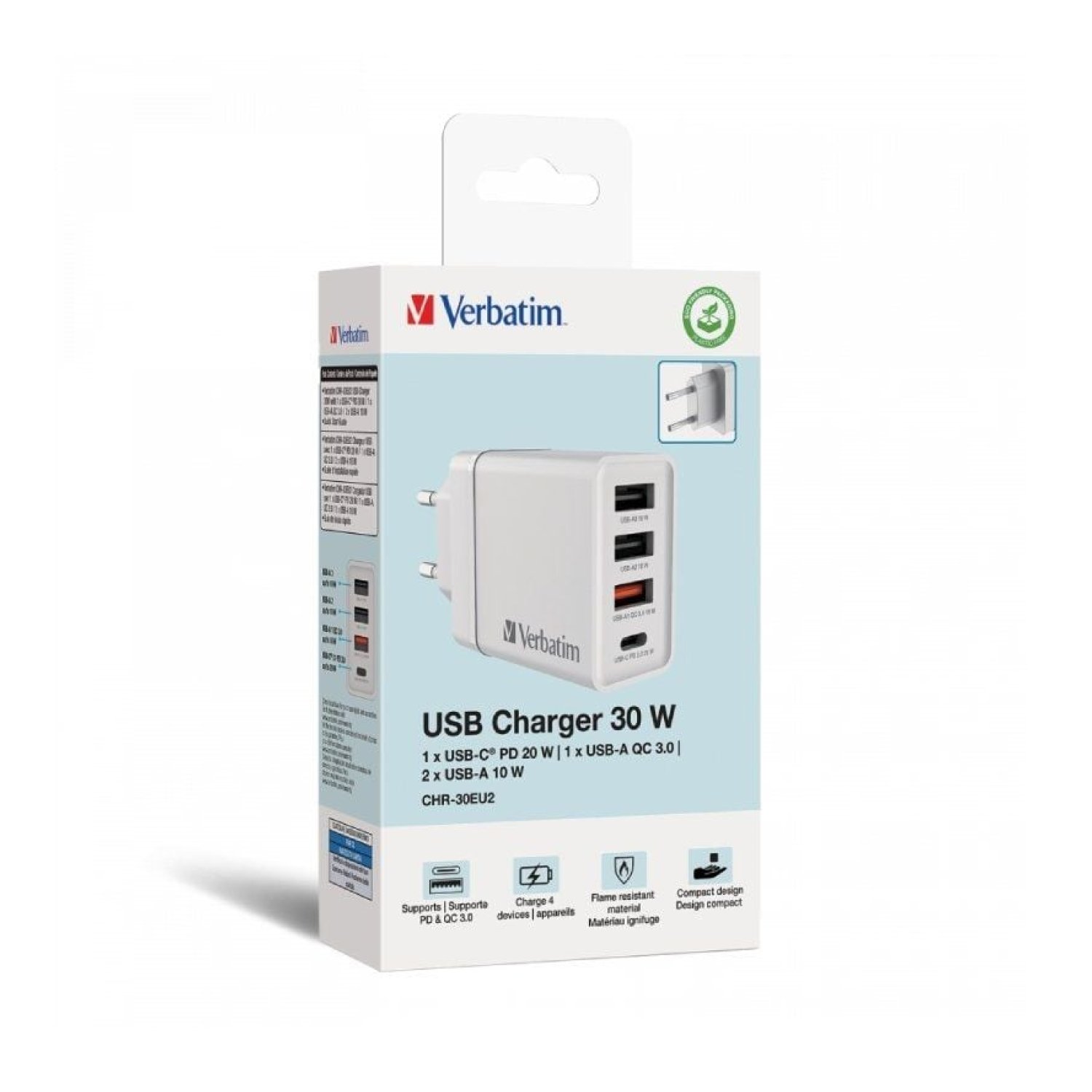 Cargador de Pared GaN Verbatim CHR-30EU2/ 1xUSB Tipo-C/ 3xUSB/ 30W