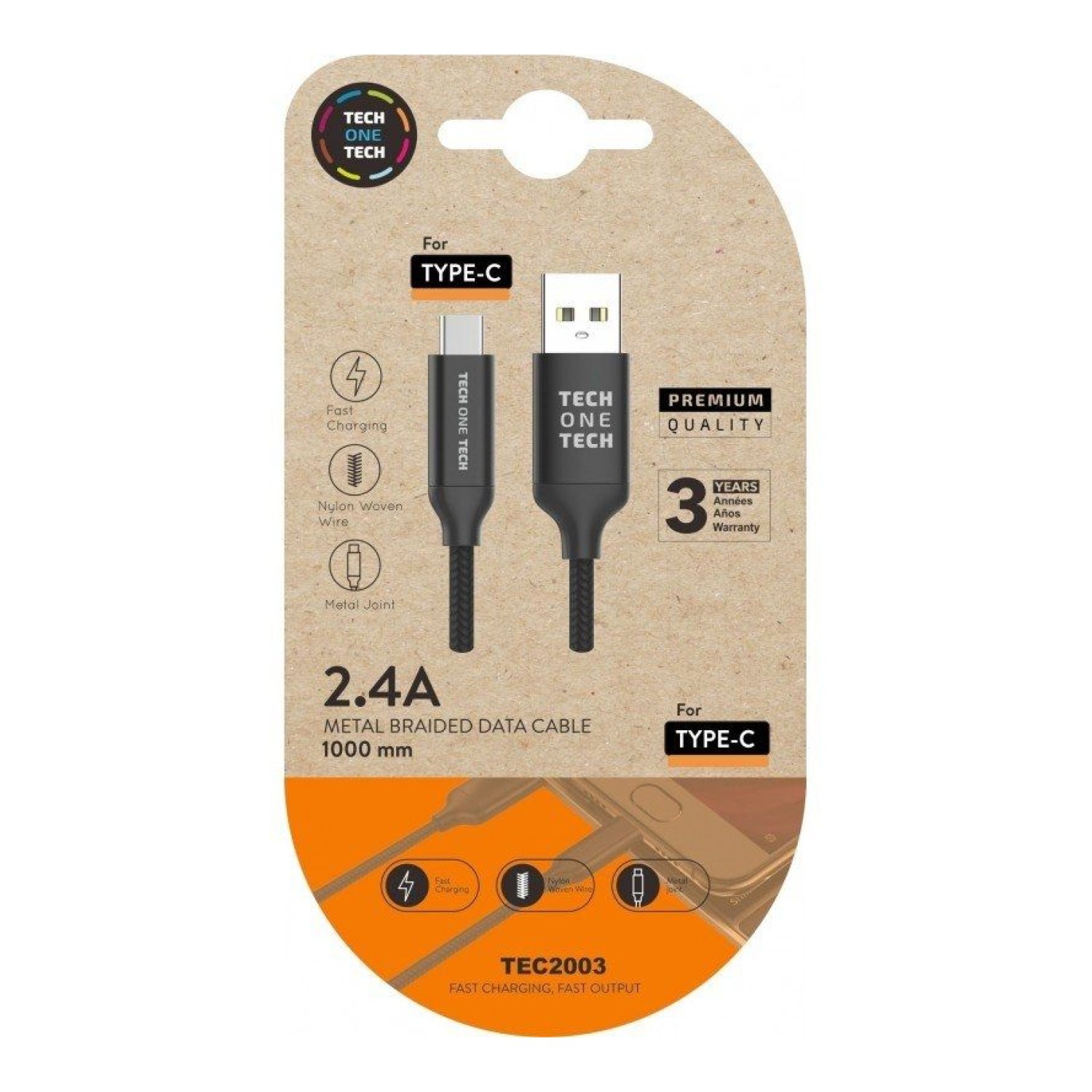 Tech One Tech · Cable USB 2.0 Tipo-C · 1m · 480Mbps · Negro