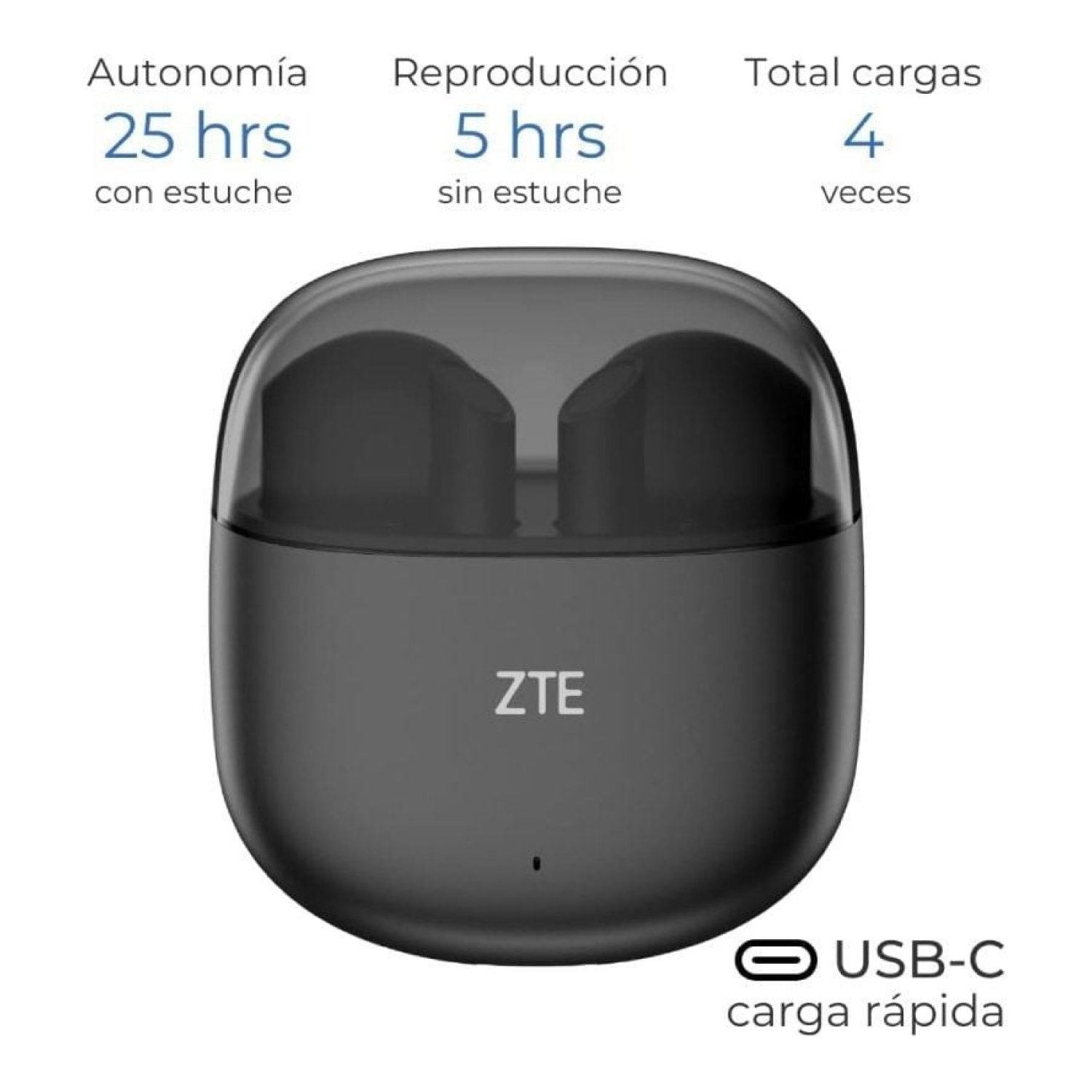 ZTE Buds 2 · Auriculares Bluetooth · 5h de autonomía · Estuche de carga · Negros
