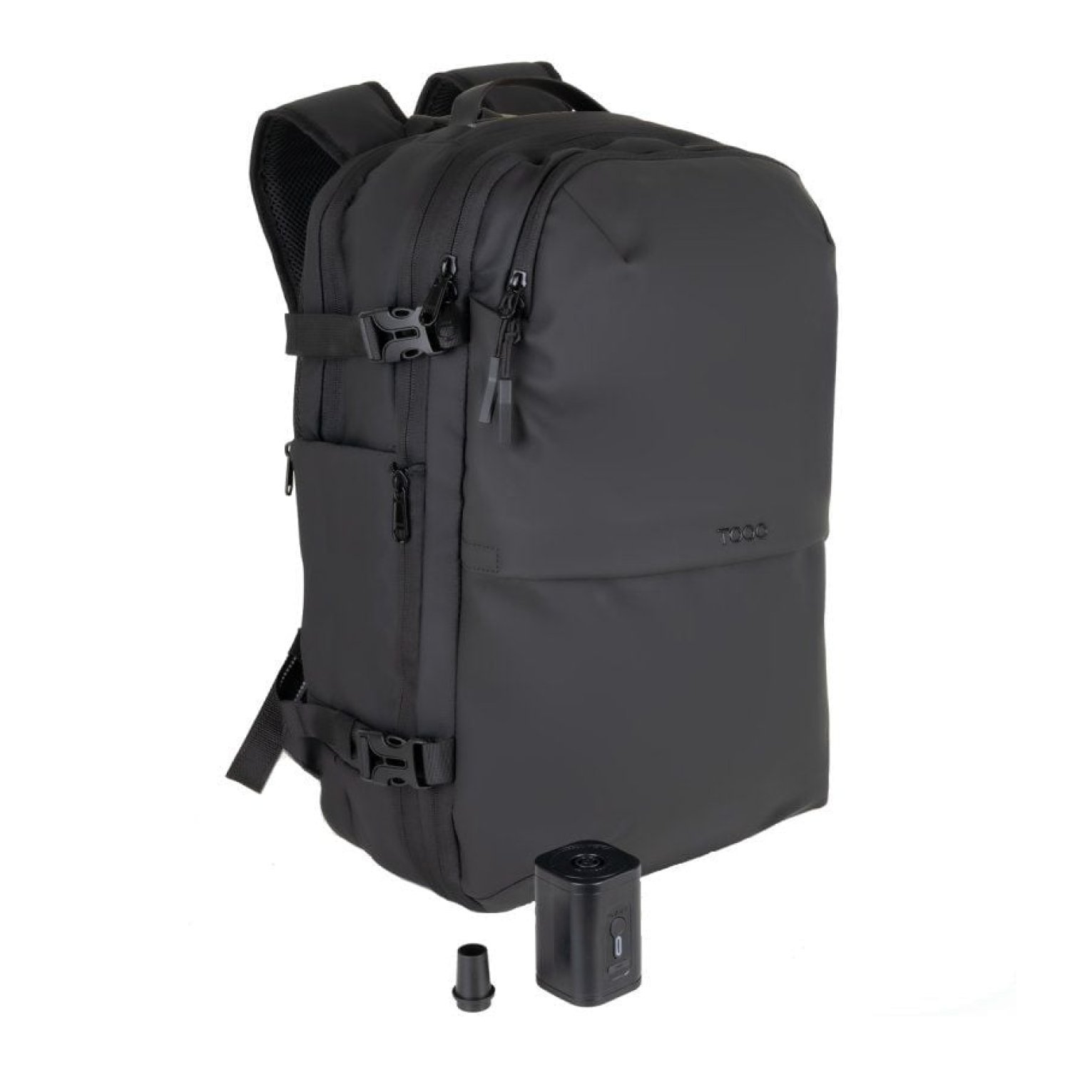 TooQ TQBP-V101 · Mochila 30-55L · Negra · Incluye Bomba de Aire