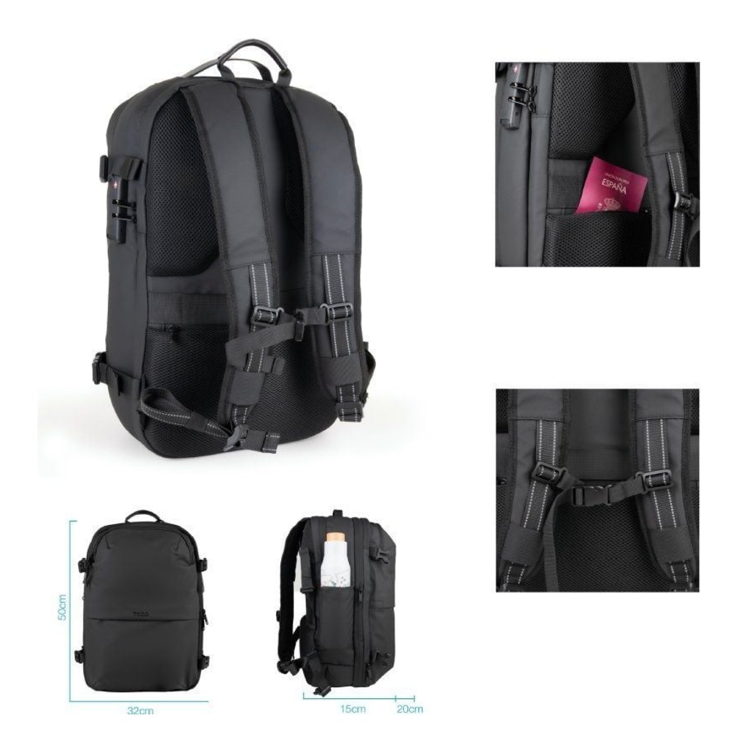 TooQ TQBP-V101 · Mochila 30-55L · Negra · Incluye Bomba de Aire