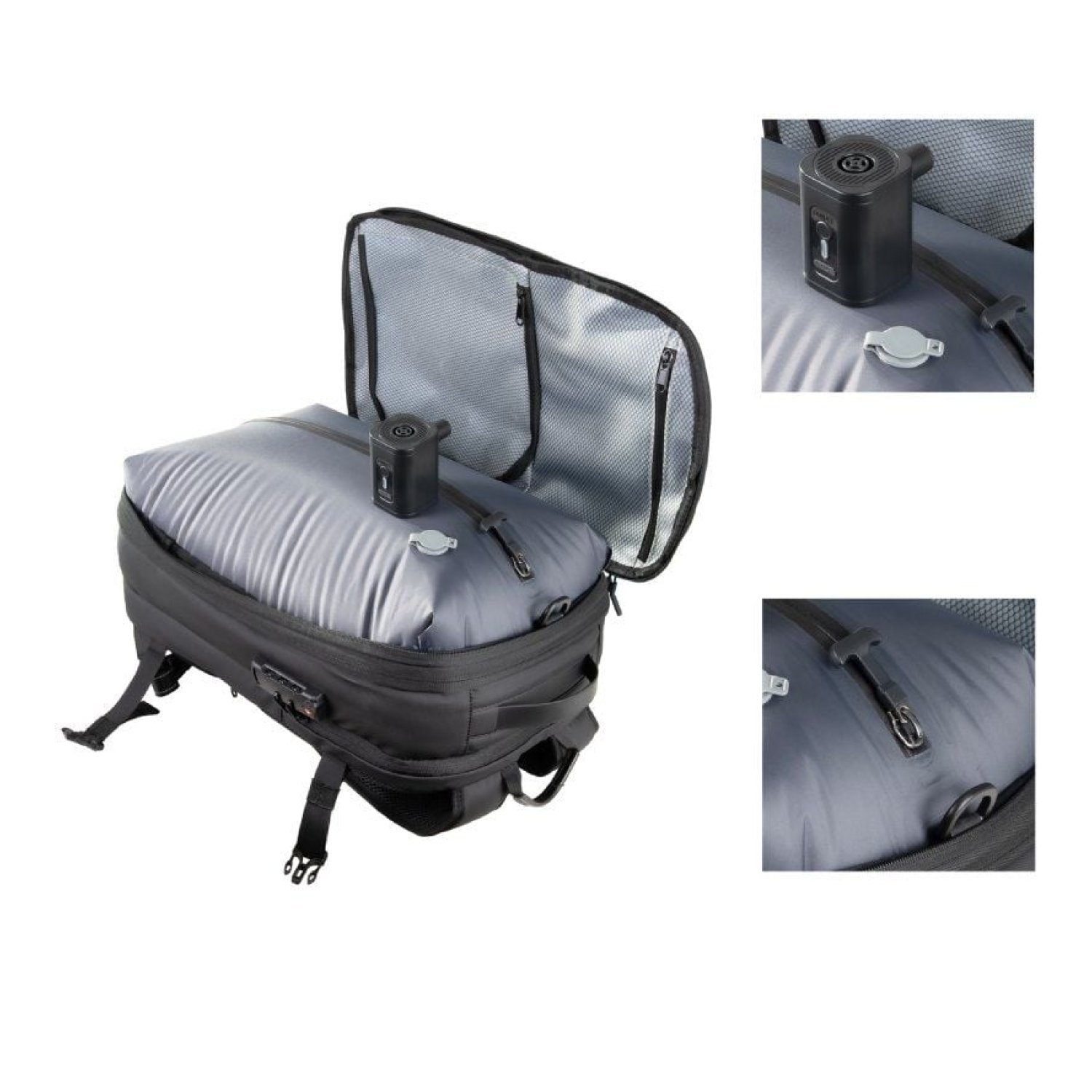 TooQ TQBP-V101 · Mochila 30-55L · Negra · Incluye Bomba de Aire