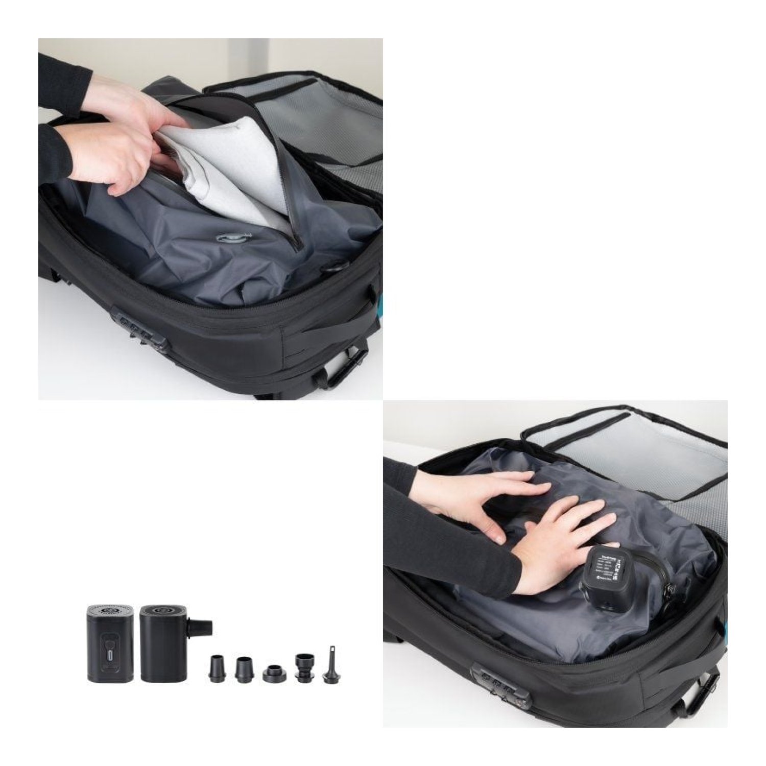 TooQ TQBP-V101 · Mochila 30-55L · Negra · Incluye Bomba de Aire