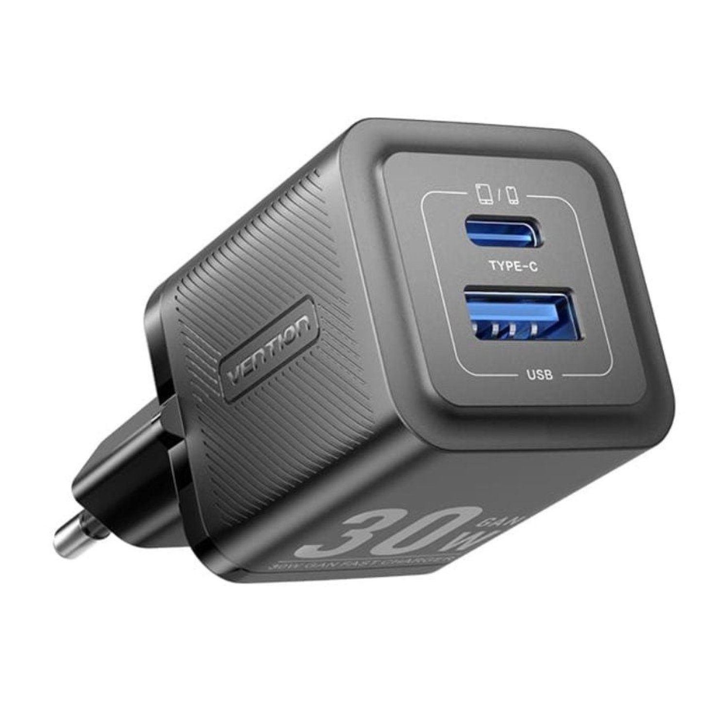Vention Cargador GaN 30W · 1x USB-C · 1x USB · Pared