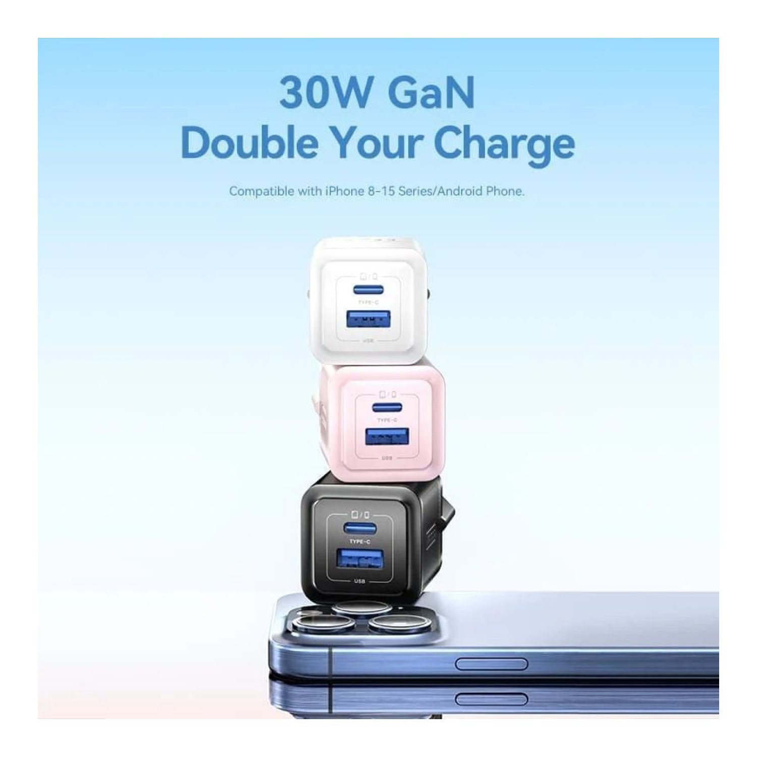 Vention Cargador GaN 30W · 1x USB-C · 1x USB · Pared