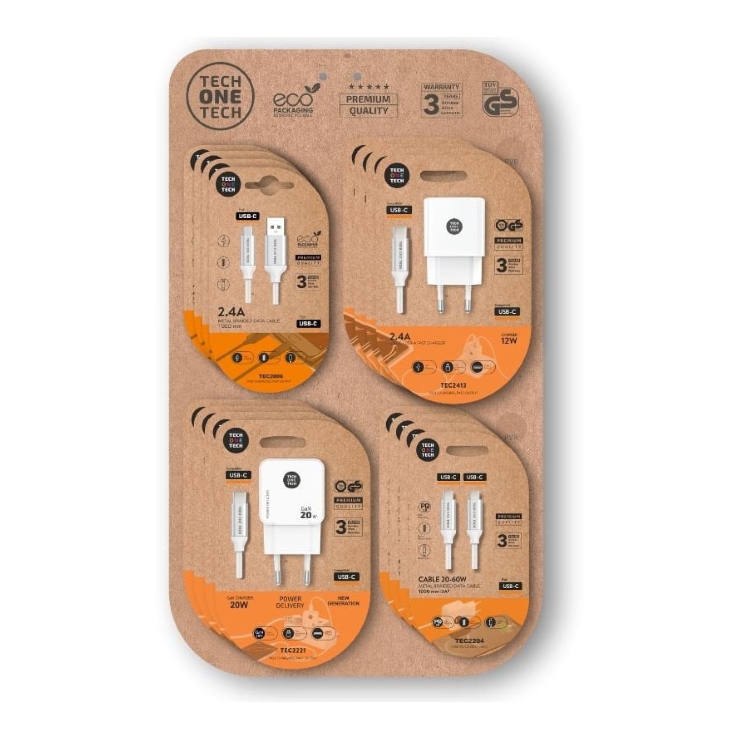 Tech One Tech · Expositor de Cargadores GaN y Cables · 4 Ganchos · 16 Productos Incluidos