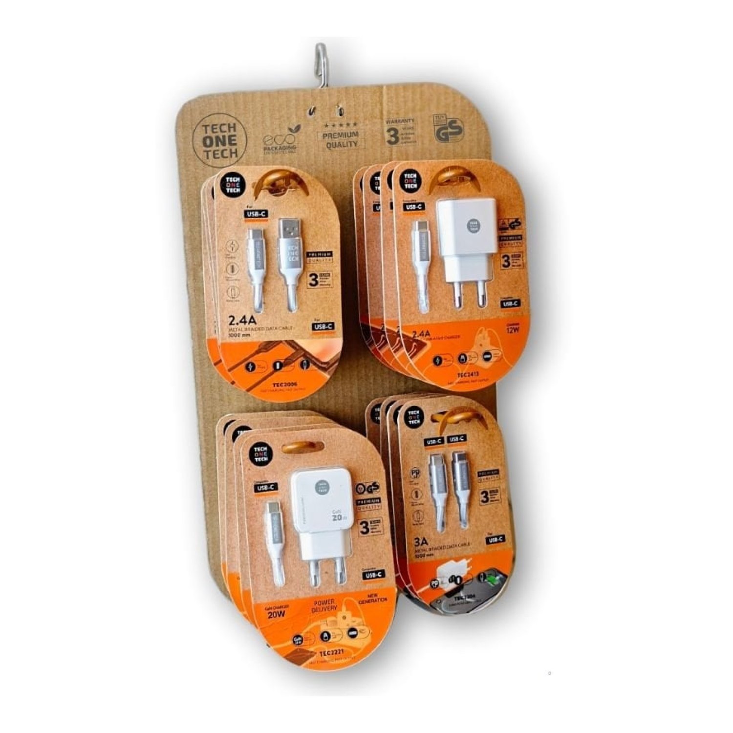 Tech One Tech · Expositor de Cargadores GaN y Cables · 4 Ganchos · 16 Productos Incluidos