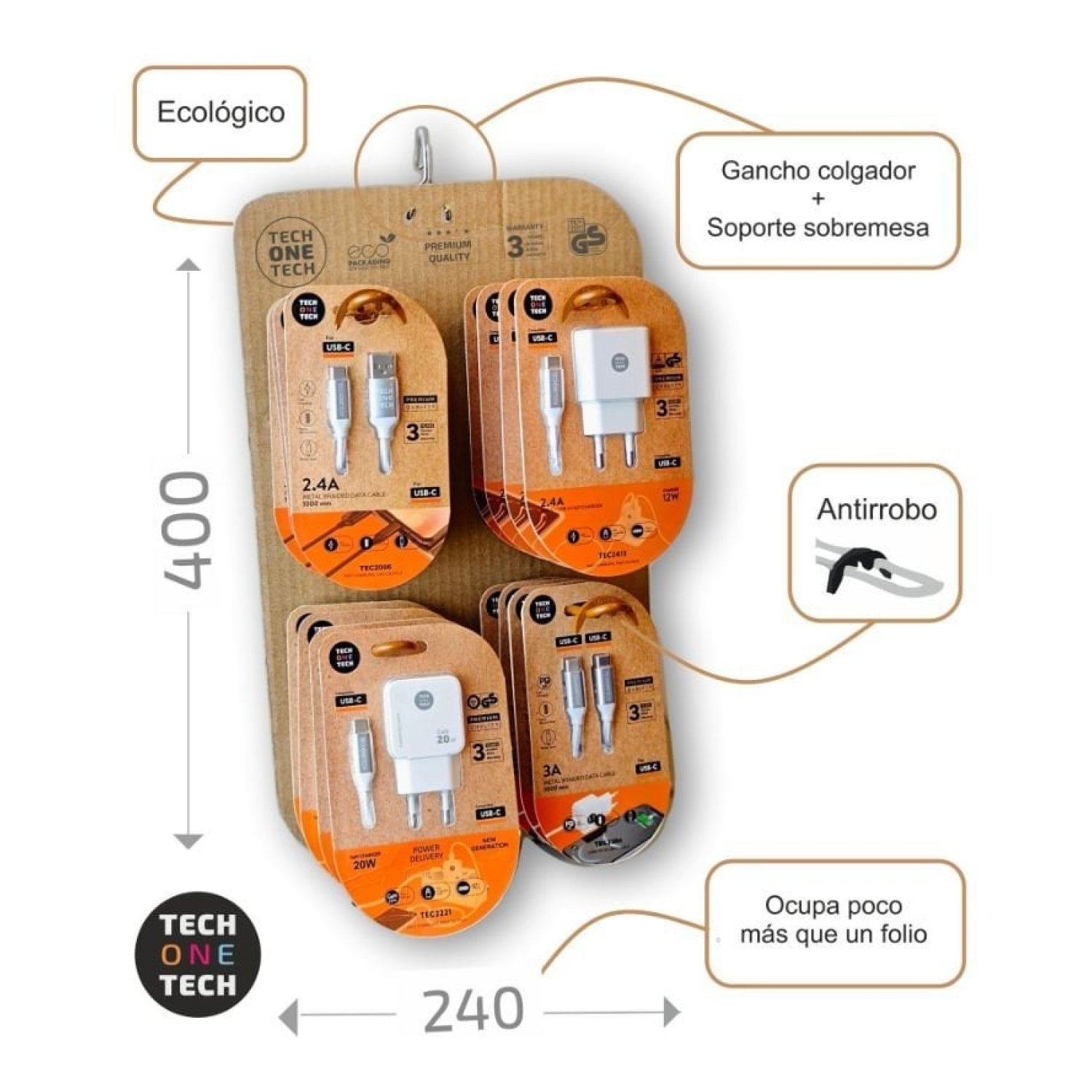 Tech One Tech · Expositor de Cargadores GaN y Cables · 4 Ganchos · 16 Productos Incluidos