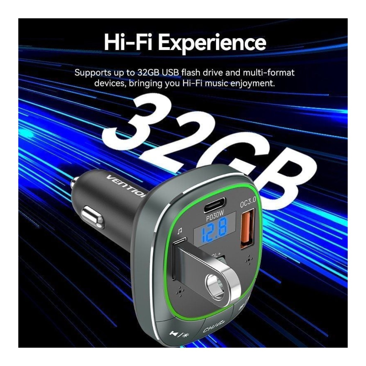 Vention Transmisor FM · Bluetooth · MP3 · 30W · USB-C · 2x USB
