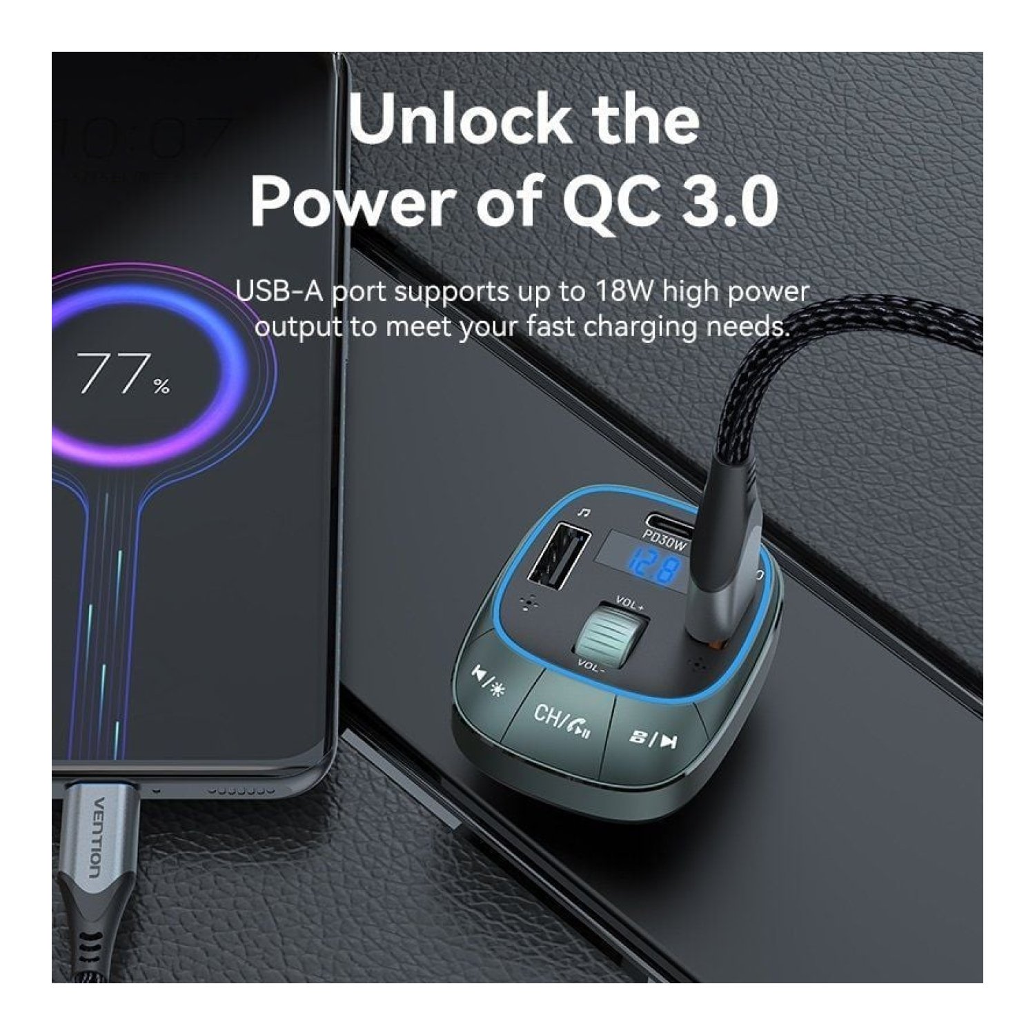 Vention Transmisor FM · Bluetooth · MP3 · 30W · USB-C · 2x USB
