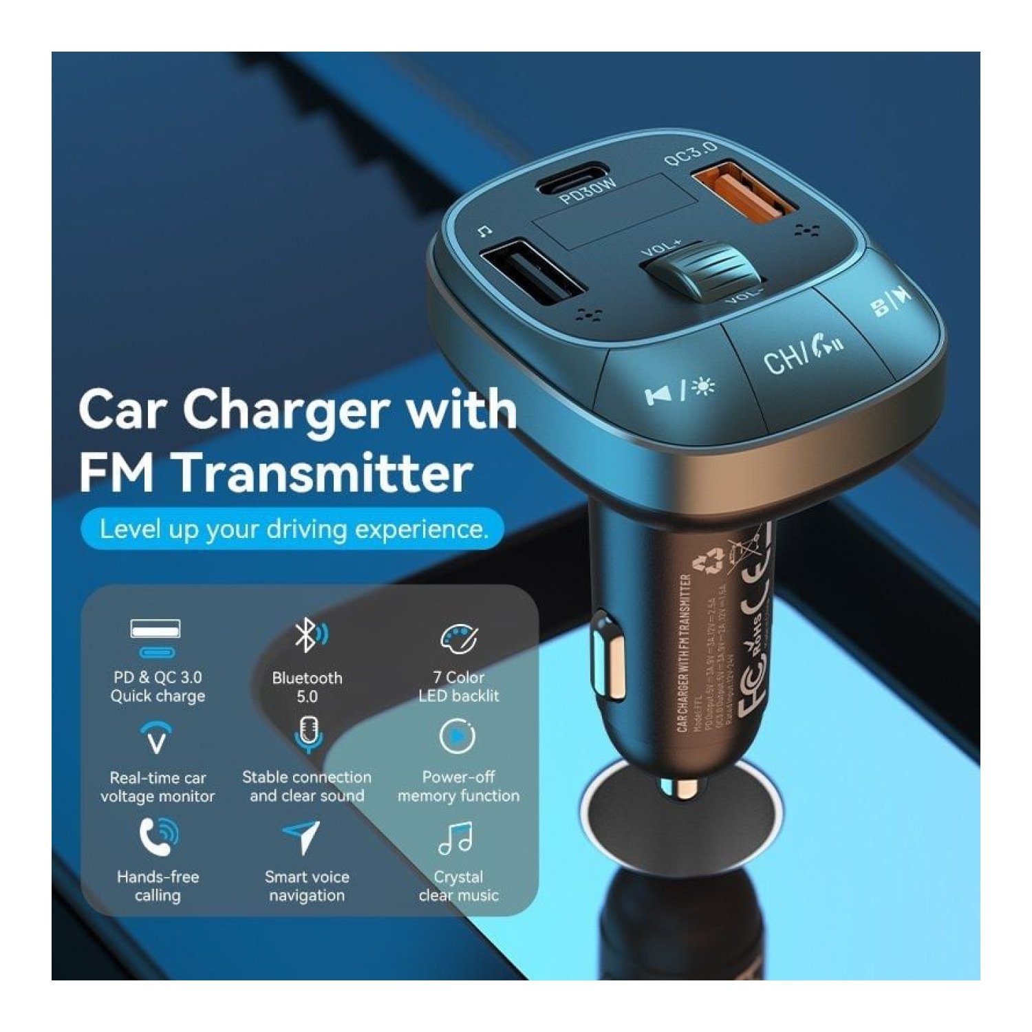 Vention Transmisor FM · Bluetooth · MP3 · 30W · USB-C · 2x USB