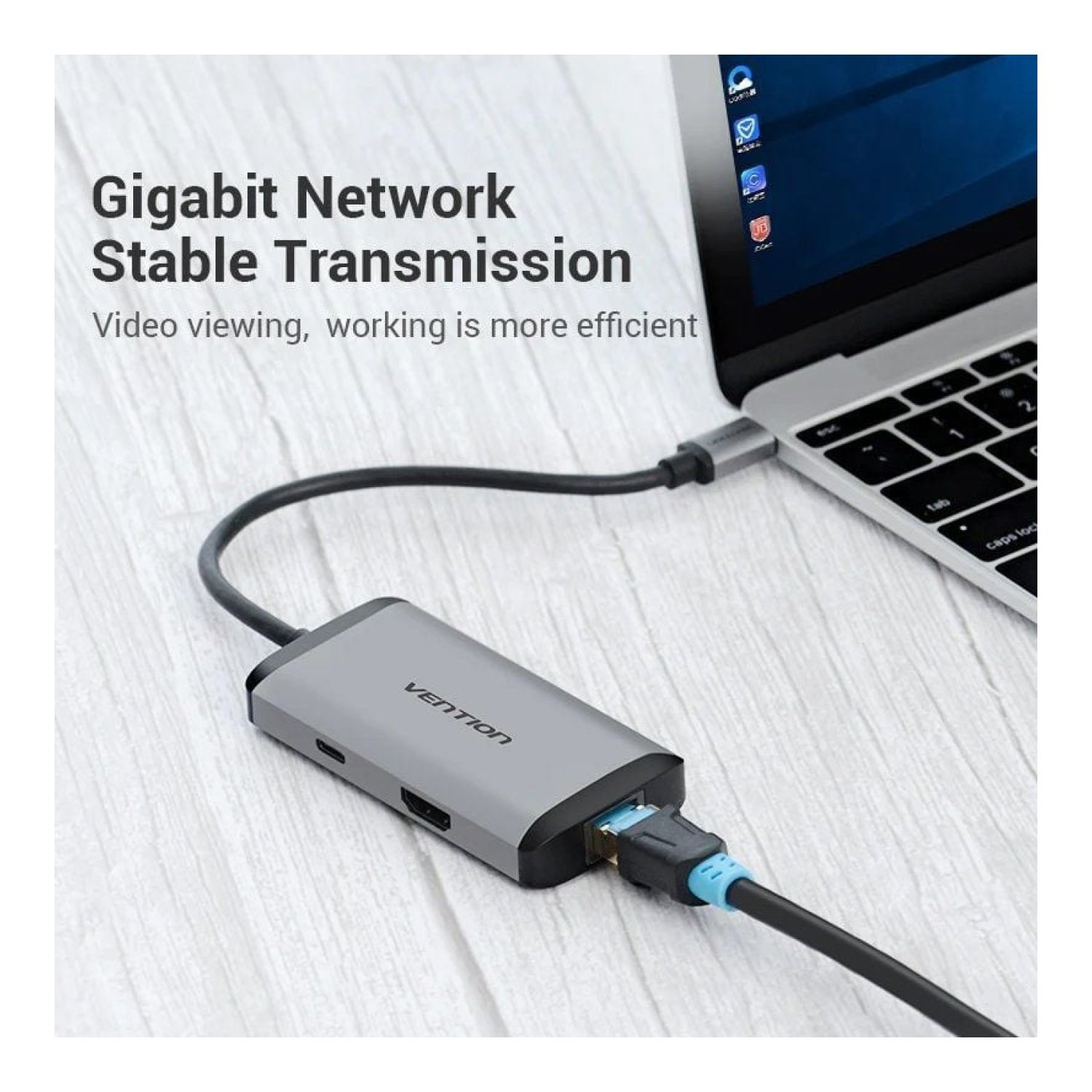 Vention Docking USB Tipo-C · 1xHDMI 4K · 3xUSB · USB-C PD · RJ45 · Gris