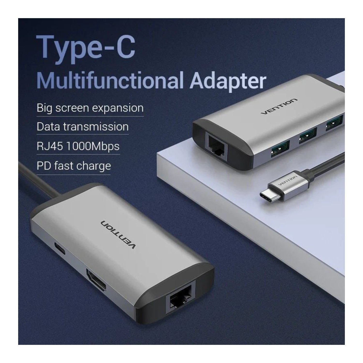 Vention Docking USB Tipo-C · 1xHDMI 4K · 3xUSB · USB-C PD · RJ45 · Gris