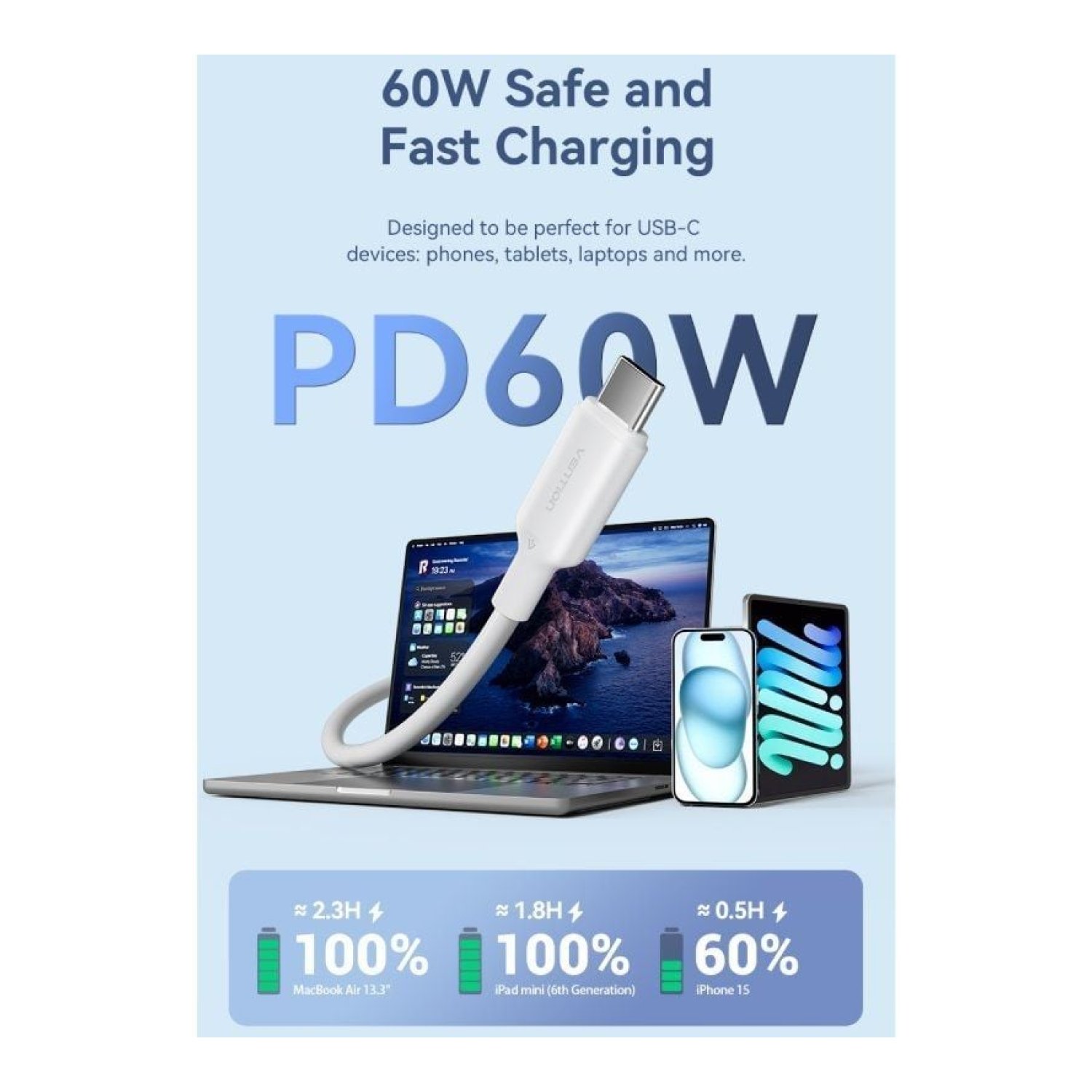 Vention · Cable USB Tipo-C · 3A 60W · 480Mbps · 1m · Rosa