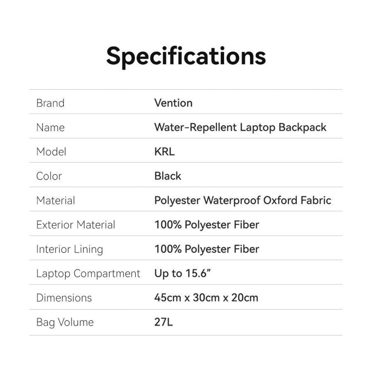 Vention KRLB0 · Mochila para Portátil 15,6" · Impermeable · Negra