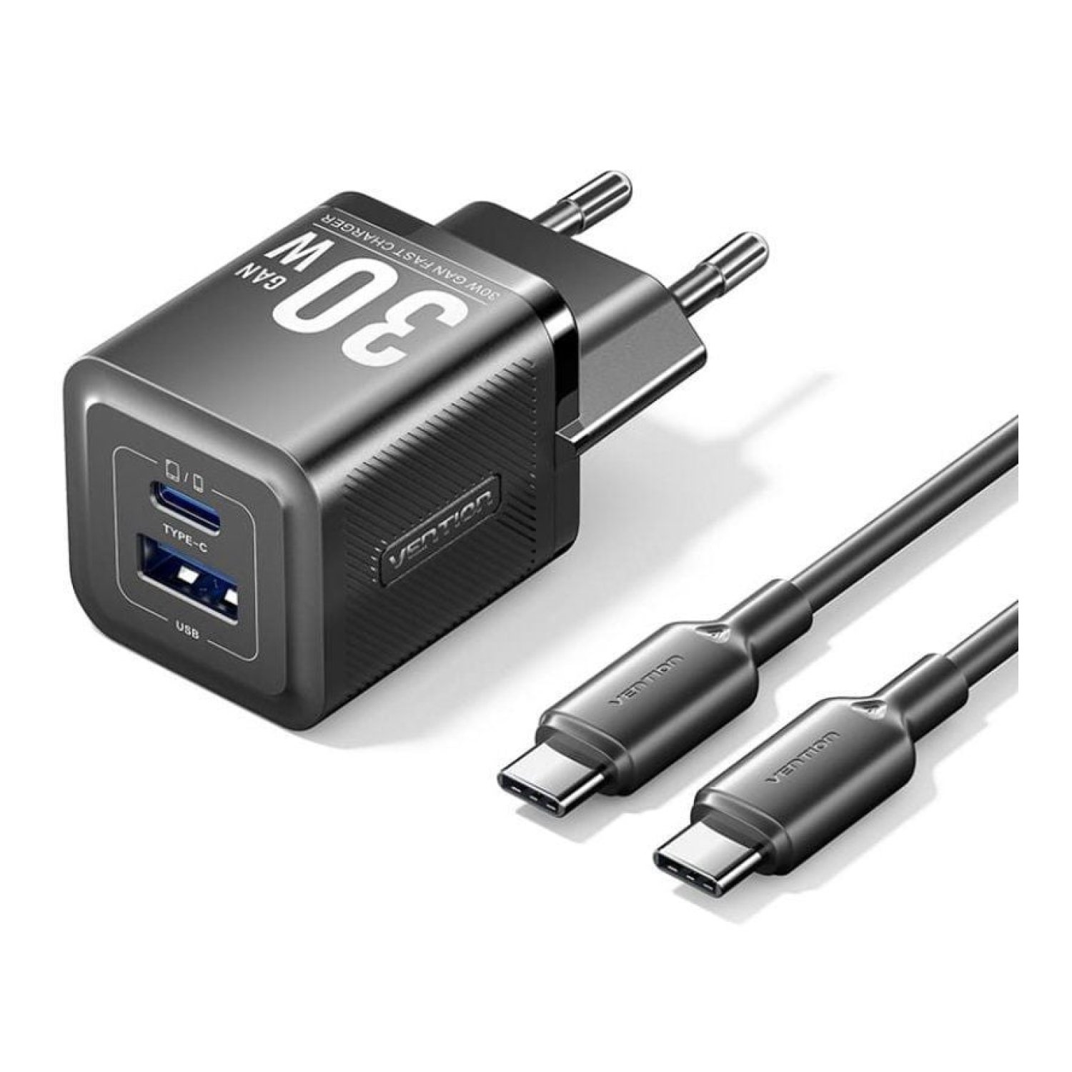 Vention · Cargador GaN 30W · 1 USB-C + 1 USB · Incluye Cable USB-C