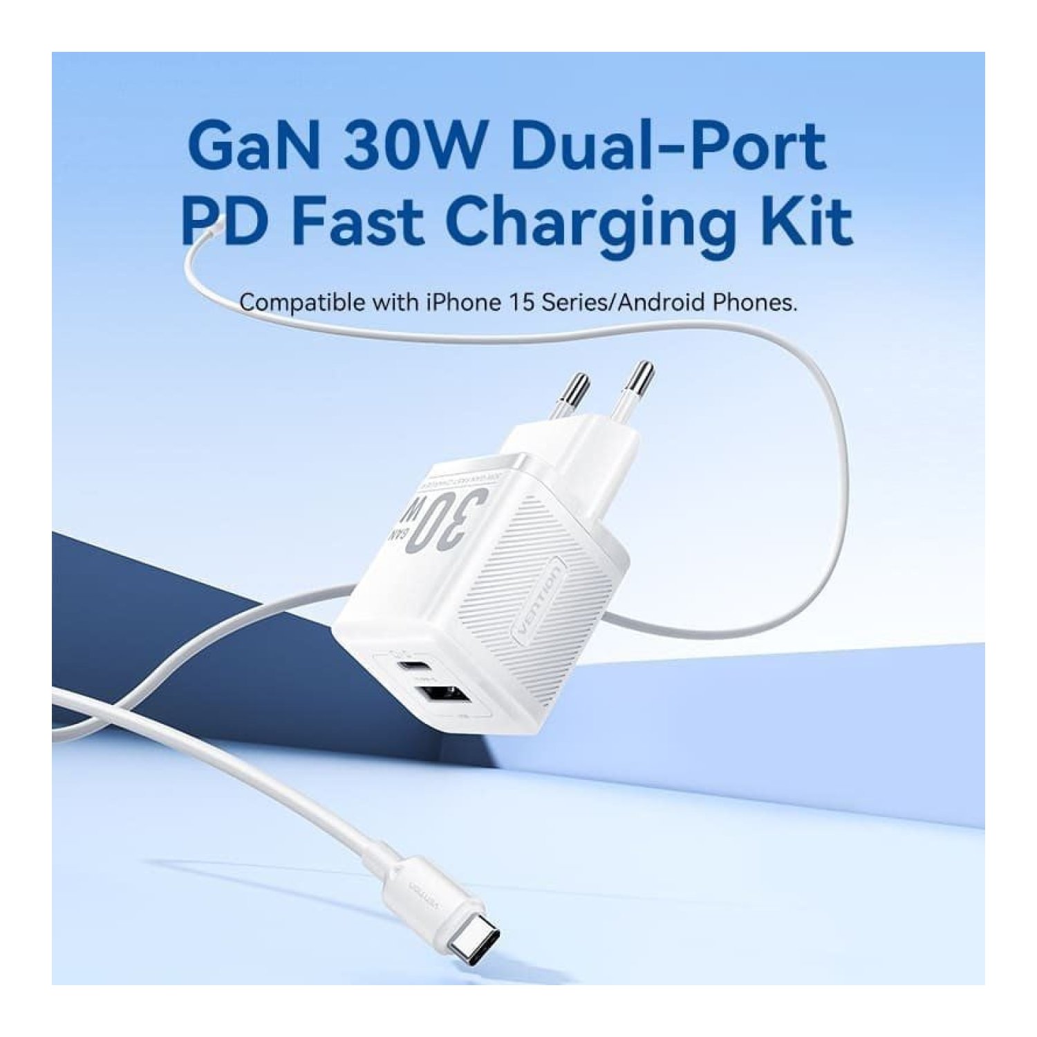 Vention · Cargador GaN 30W · 1 USB-C + 1 USB · Incluye Cable USB-C
