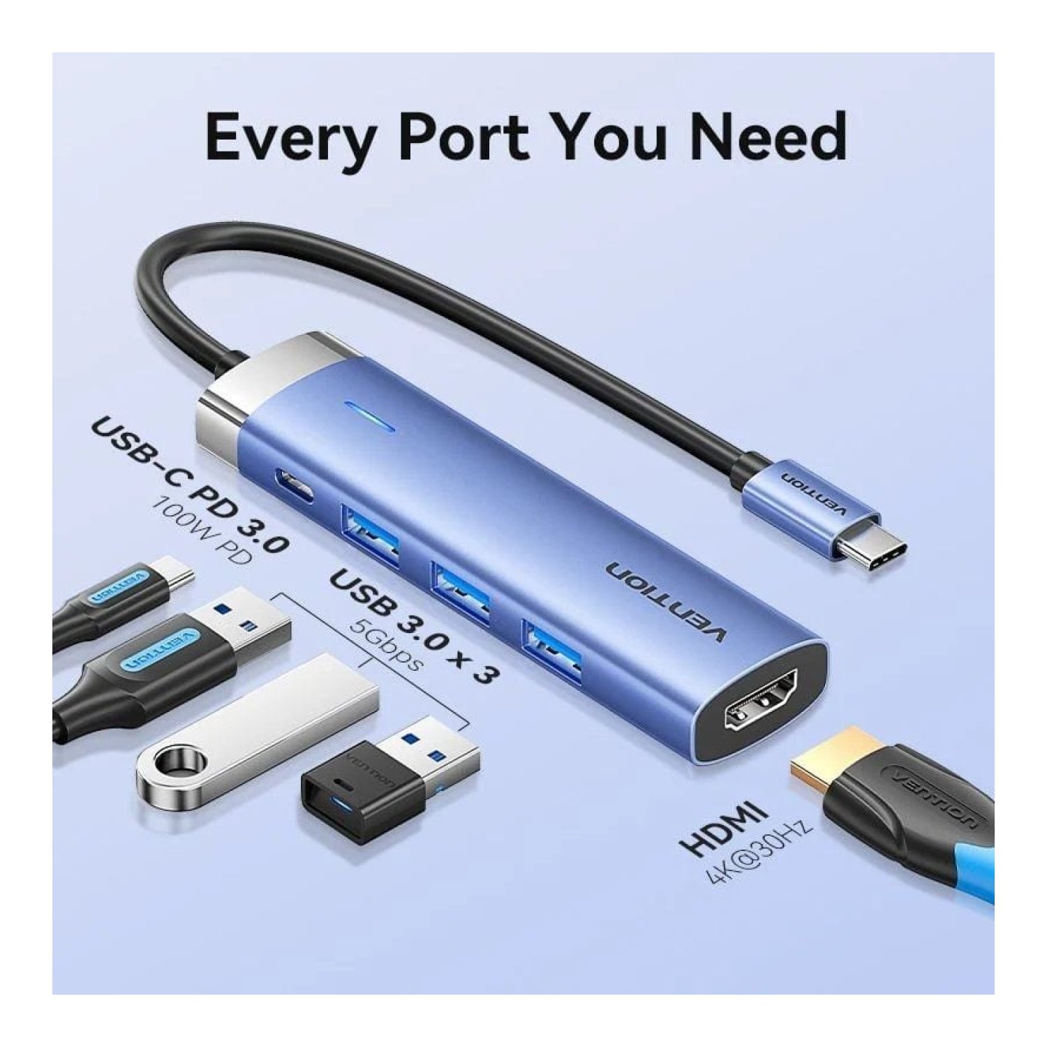 Docking USB Tipo-C Vention TGESB/ 3xUSB/ 1xHDMI 4K/ 1xUSB Tipo-C PD/ Azul