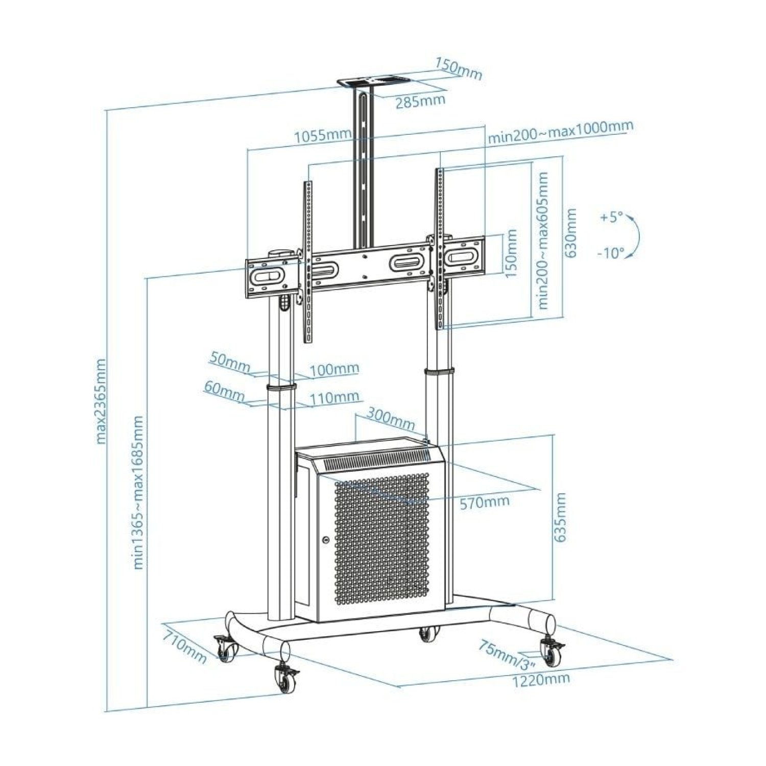 TooQ Narnia FS20500M-B · Soporte Suelo Inclinable · 60-100" · Hasta 100kg · Con Ruedas