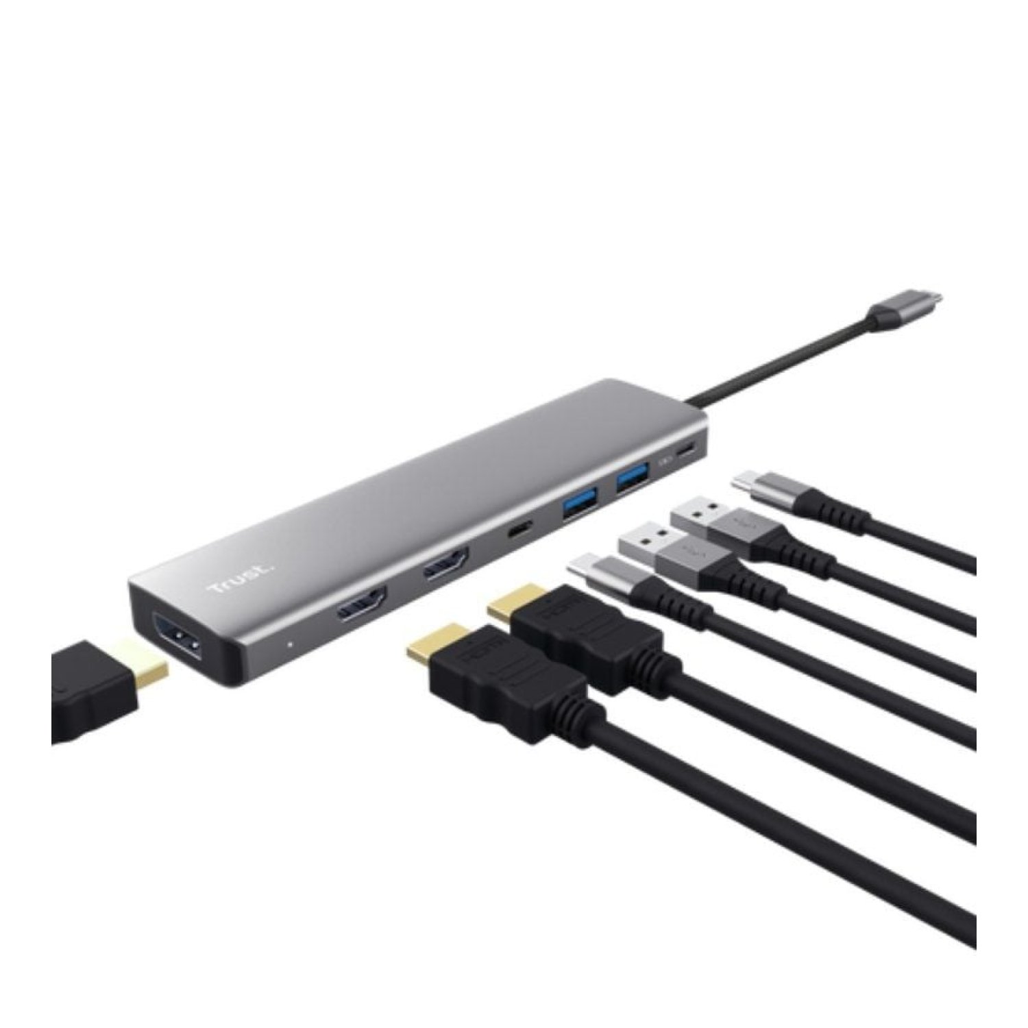 Trust Dalyx · Docking USB Tipo-C · 2xUSB · 2xHDMI 4K · DisplayPort · PD · Gris