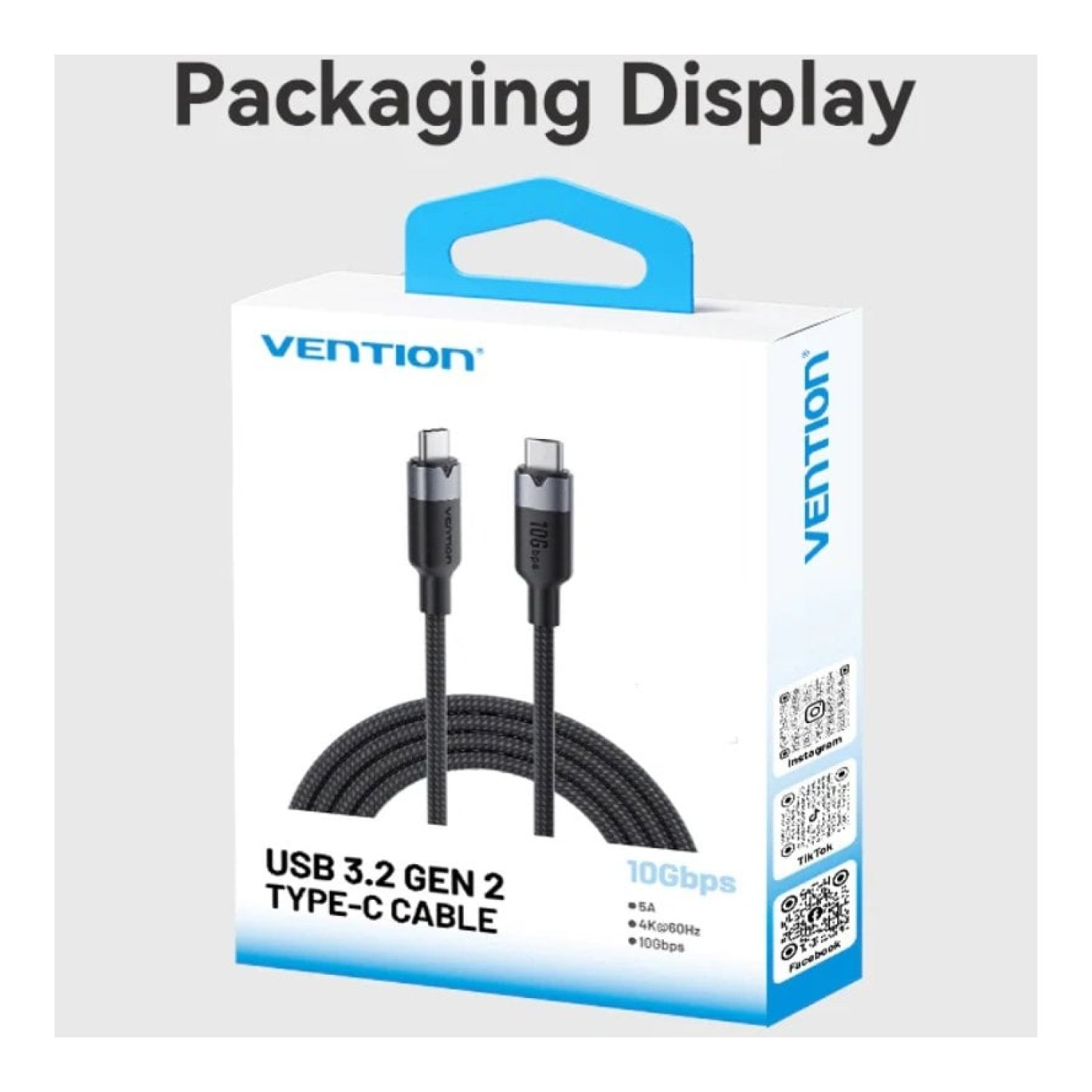 Vention Cable USB 3.2 Tipo-C · 5A · 100W · 10Gbps · 50cm · Negro