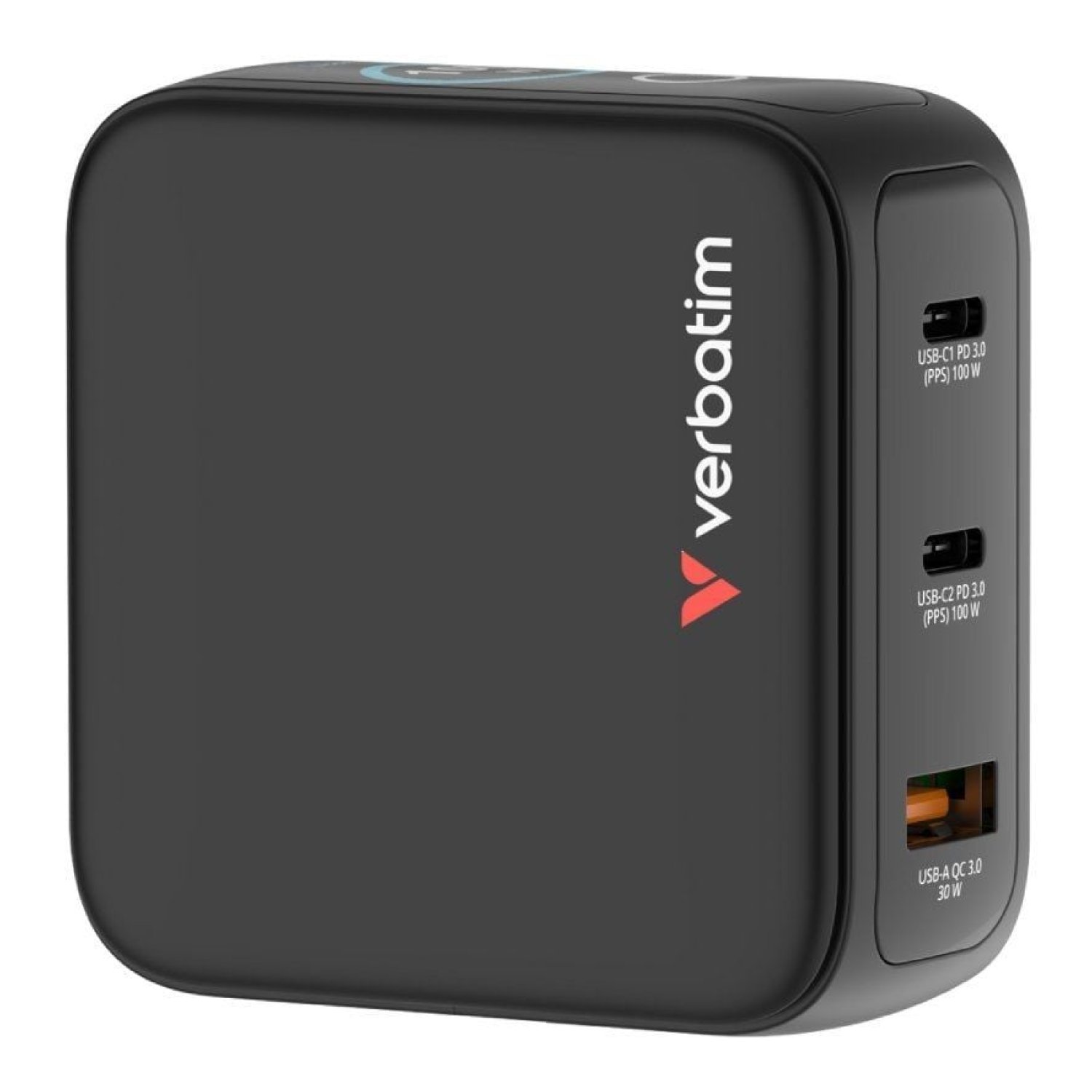 Verbatim Mini GaN Charger · Cargador 100W · 2x USB-C · 1x USB · Pantalla