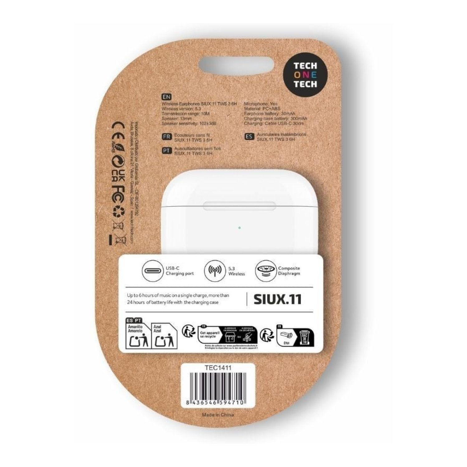 Tech One Tech SIUX.11 · Auriculares Bluetooth · Estuche Carga · 6h Autonomía · Blancos
