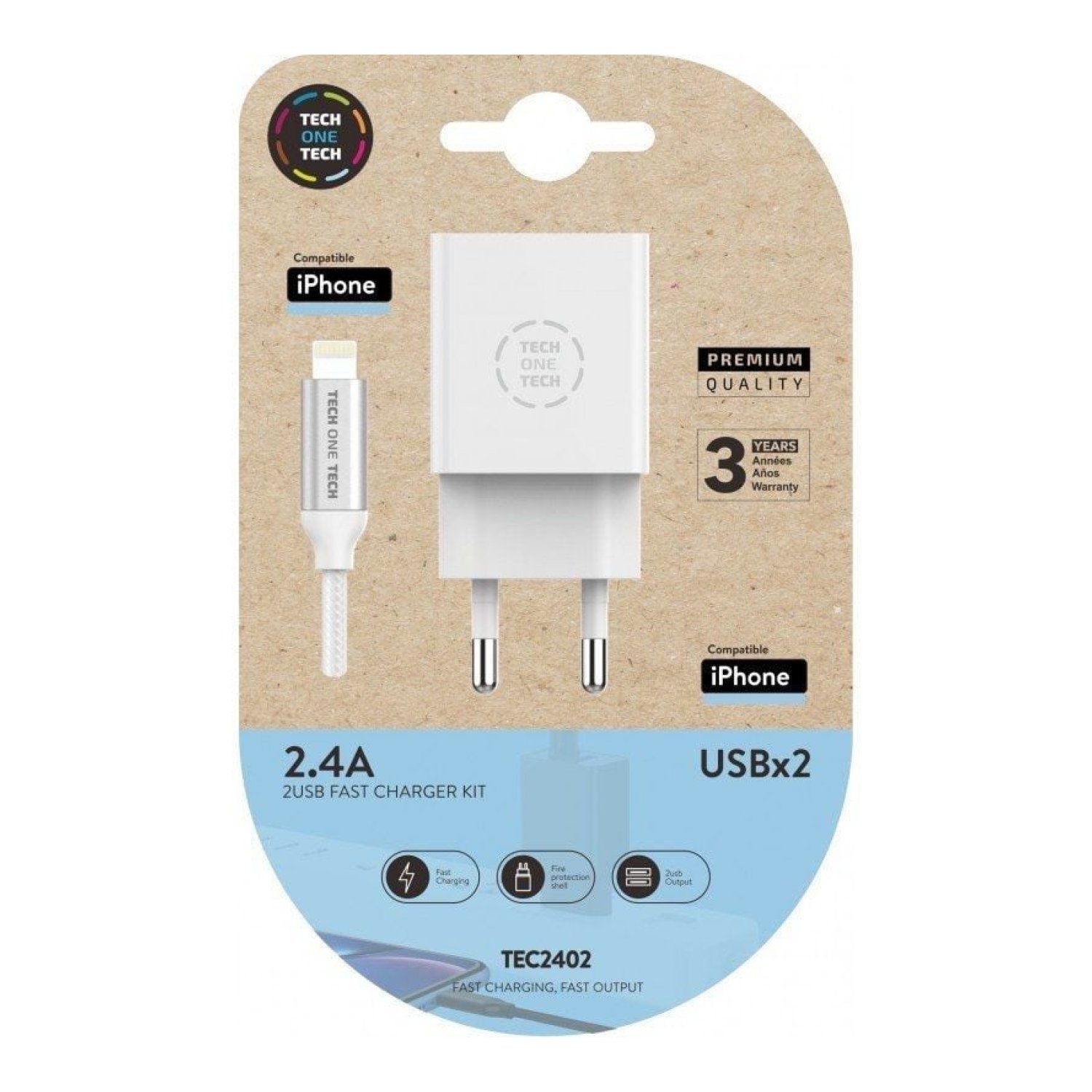 Tech One Tech Cargador Pared · 2x USB · 12W · Cable Lightning · Blanco