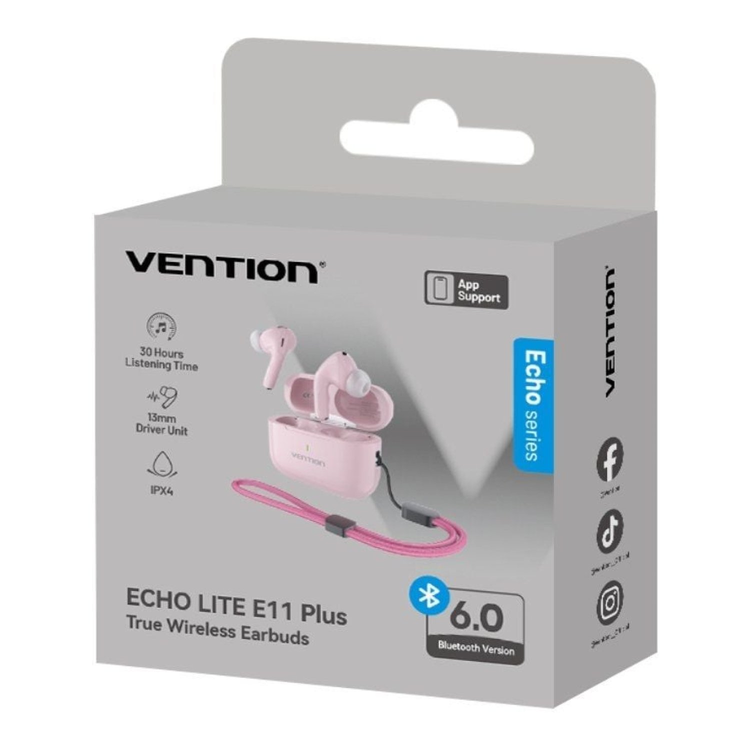 Vention Echo Lite E11 Plus · Auriculares Bluetooth · Autonomía 6h · Estuche de carga · Rosas