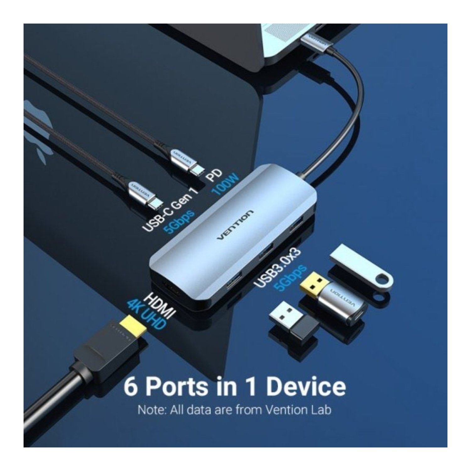 Vention Docking USB-C · HDMI · 3xUSB · USB-C PD · Gris