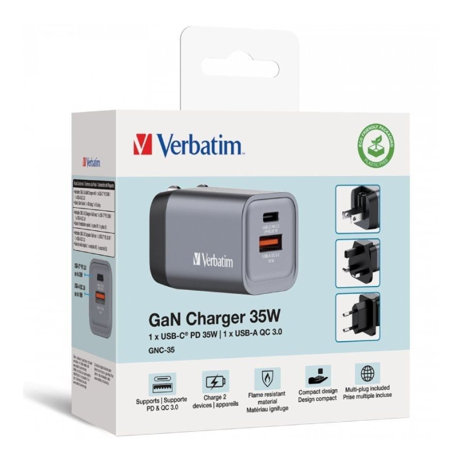 Verbatim · Cargador GaN Universal · 35W · USB-C + USB · Viaje