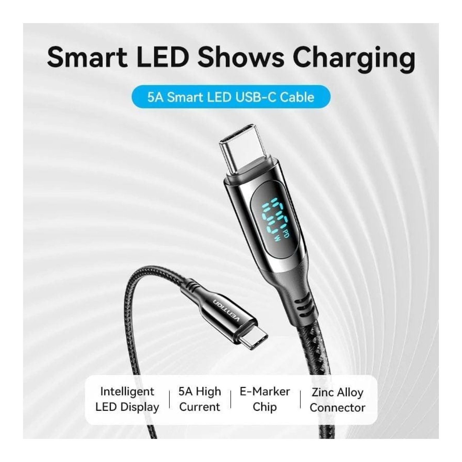 Vention Cable USB 2.0 Tipo-C · 100W · 5A · 1,2m · Pantalla LED · Negro