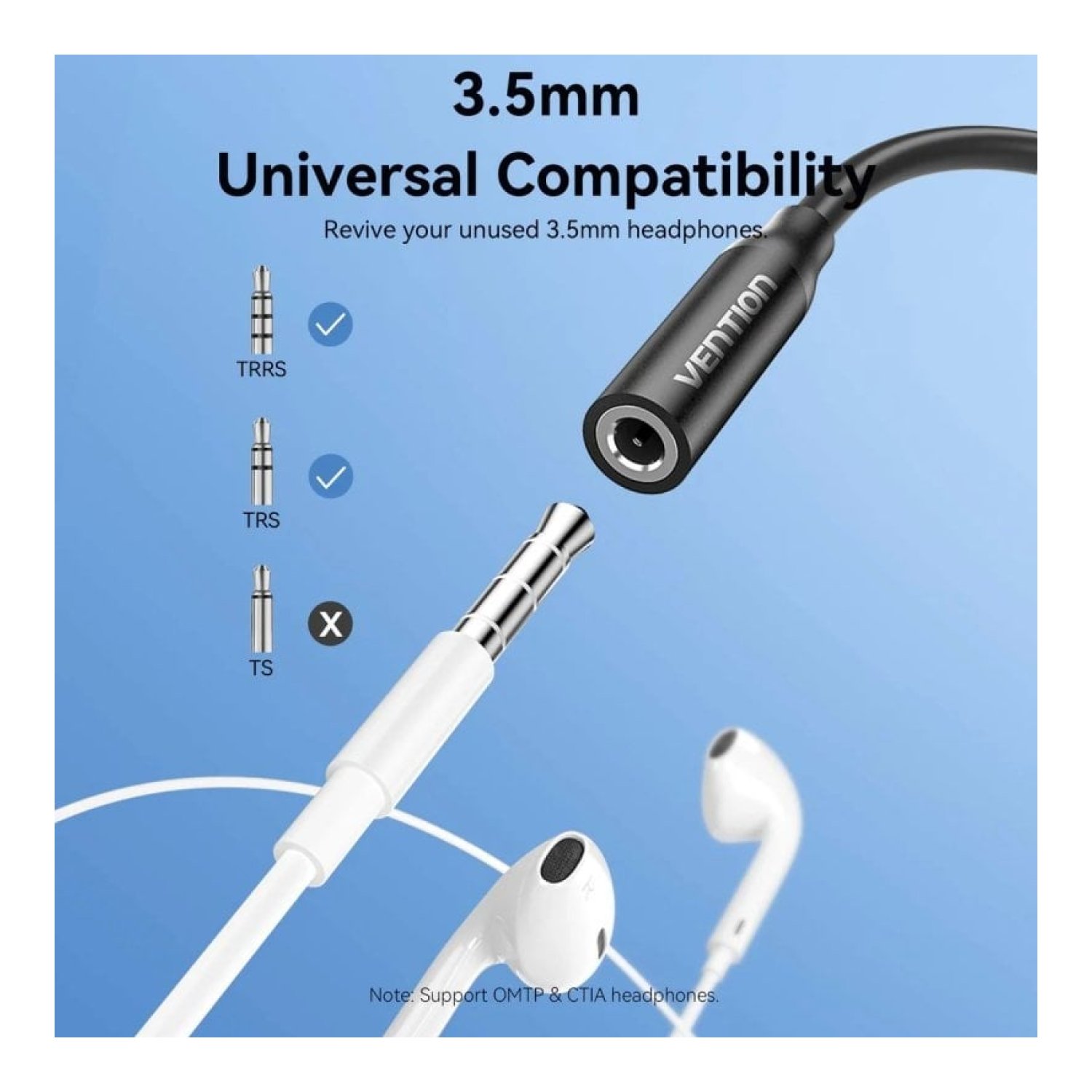 Vention · Adaptador Jack 3,5 mm a USB-C · 10cm · Negro