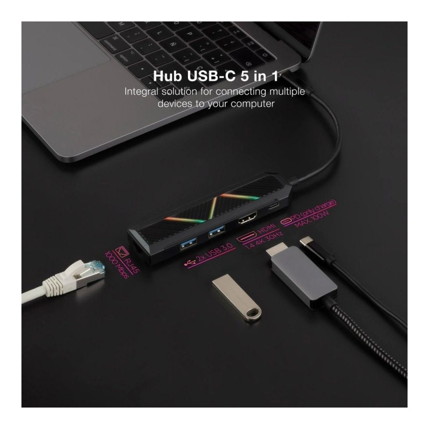 Nanocable Docking USB Tipo-C · 2xUSB · 1xUSB-C PD · HDMI · RJ45 · Negro