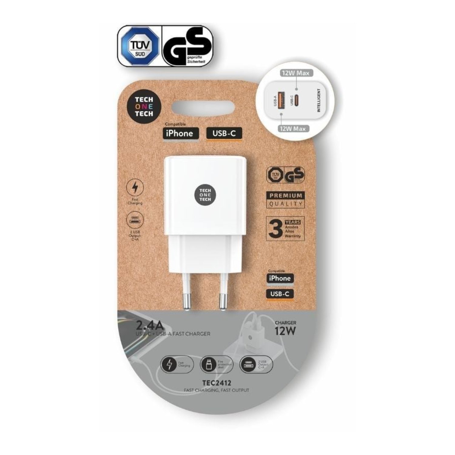 Tech One Tech Cargador Pared · 1 USB-C + 1 USB · 12W · Blanco