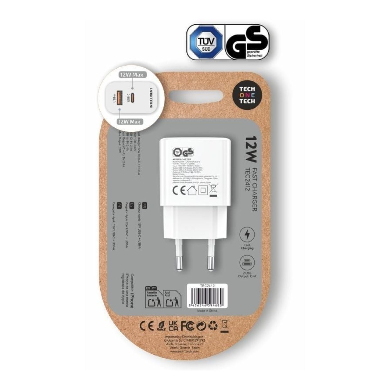 Tech One Tech Cargador Pared · 1 USB-C + 1 USB · 12W · Blanco