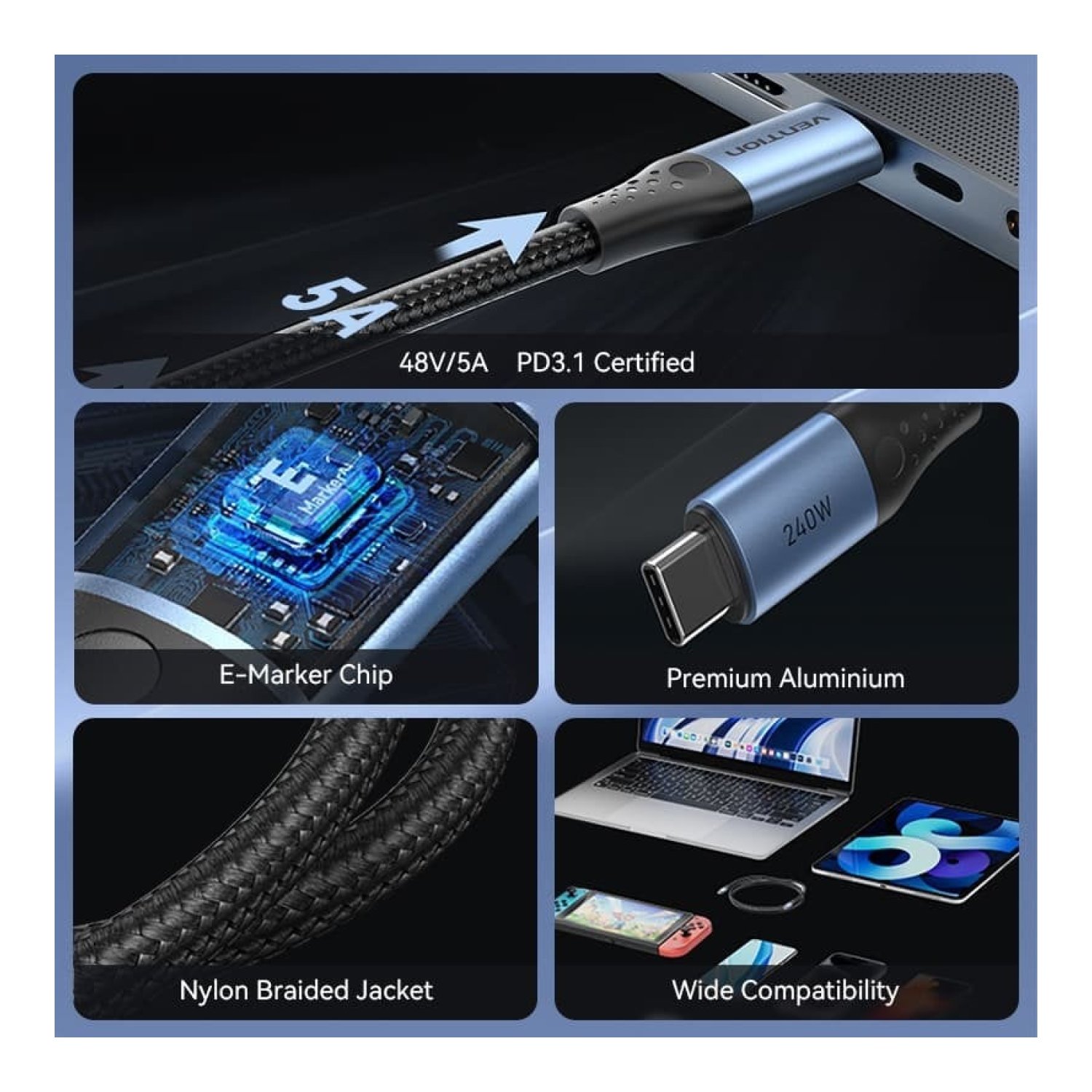 Vention Cable USB-C · 2m · 5A 240W · 480Mbps · Azul y Negro