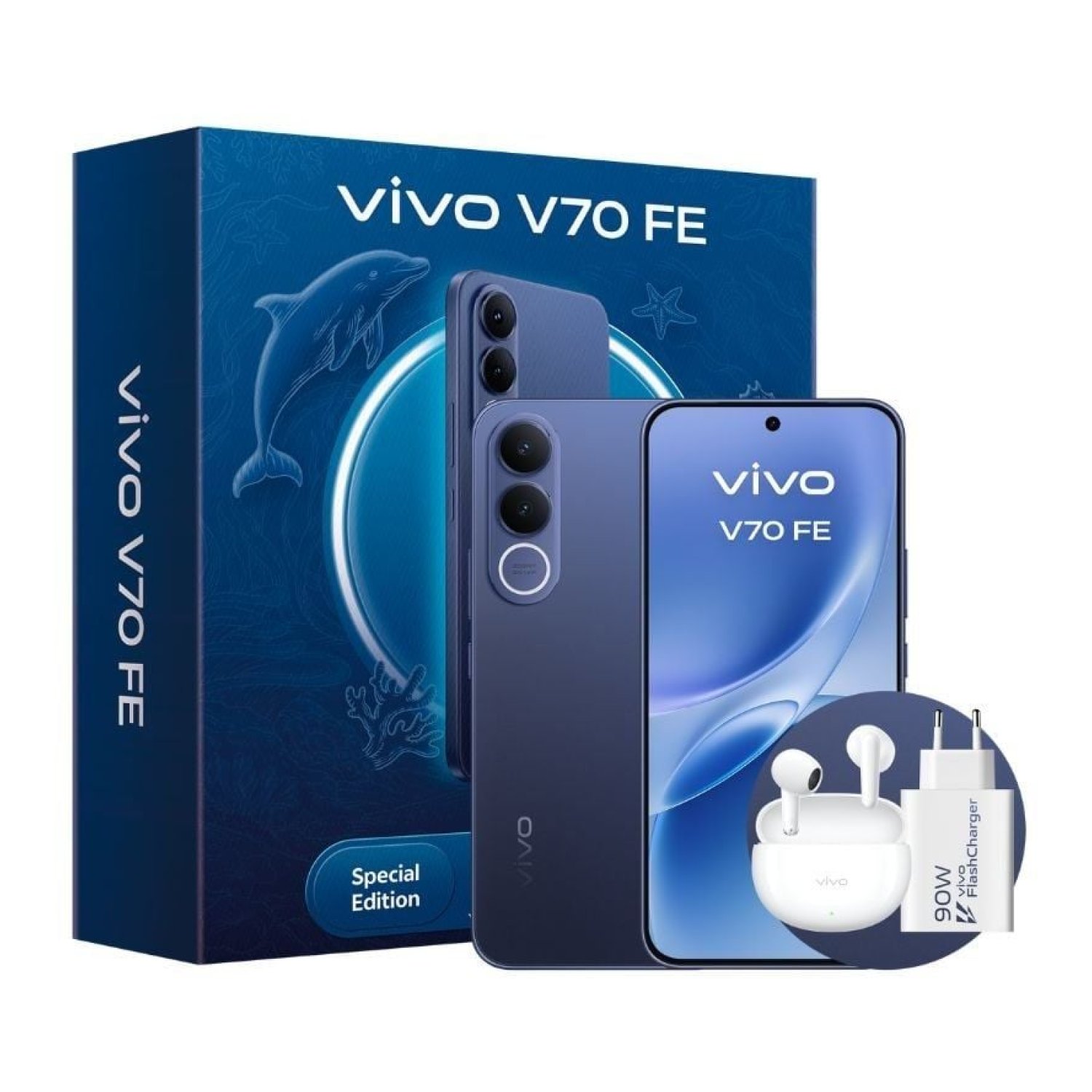 Vivo V70 FE · 6,83" · 8GB RAM · 256GB · 5G · Azul + Cargador y Auriculares
