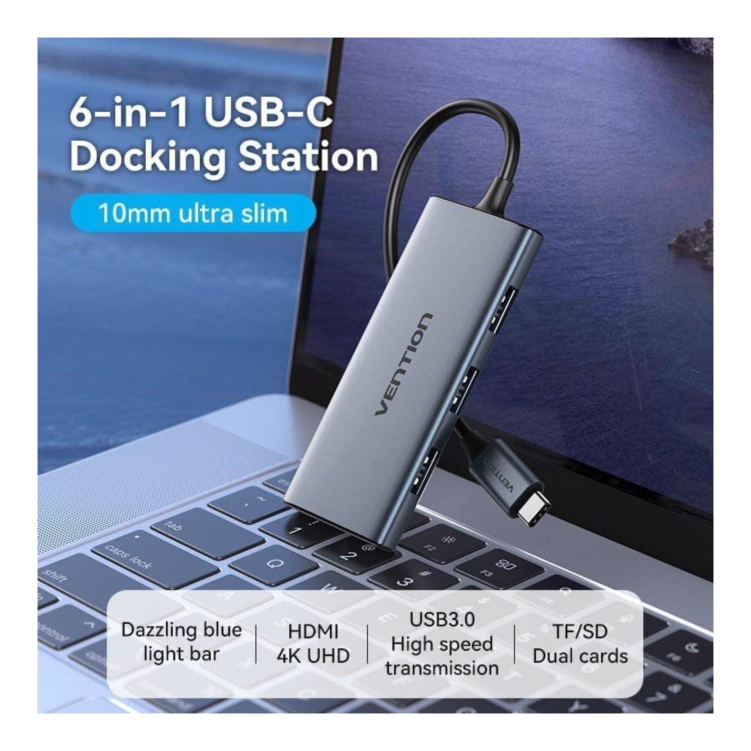 Docking USB Tipo-C Vention TOOHB/ 1xHDMI 4K/ 3xUSB/ 1xLector Tarjetas/ Gris
