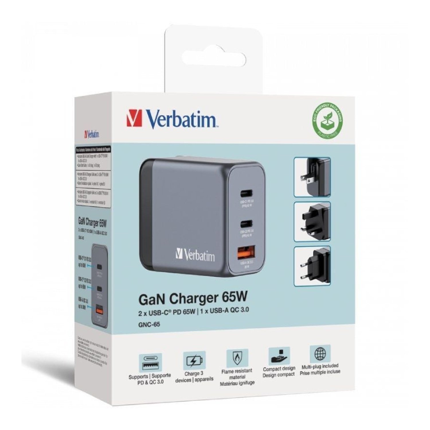 Verbatim · Cargador de Pared GaN · 65W · 2x USB-C · 1x USB · Viaje
