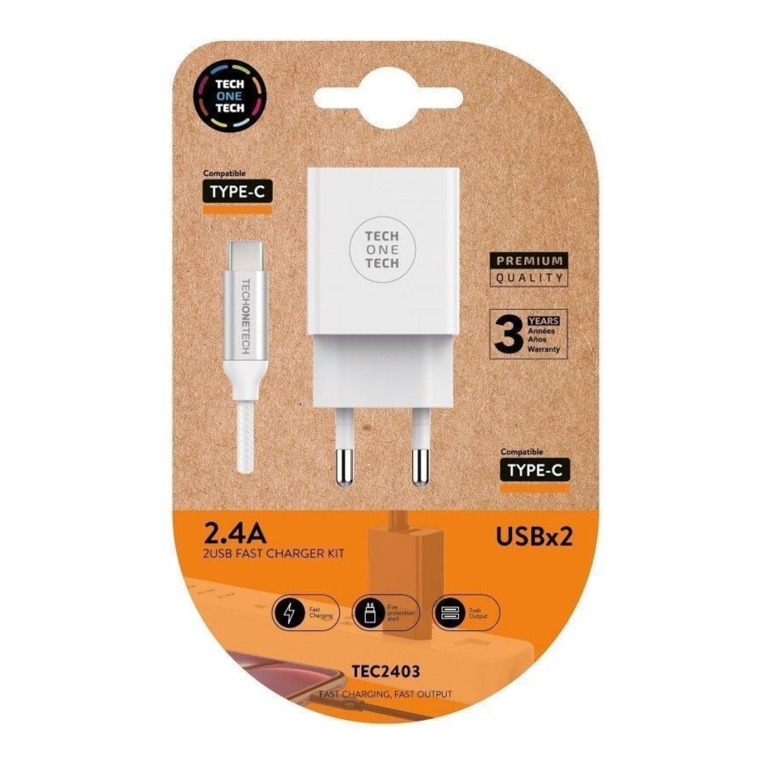 Tech One Tech · Cargador Pared Dual USB · 2xUSB + USB-C · 12W · Blanco