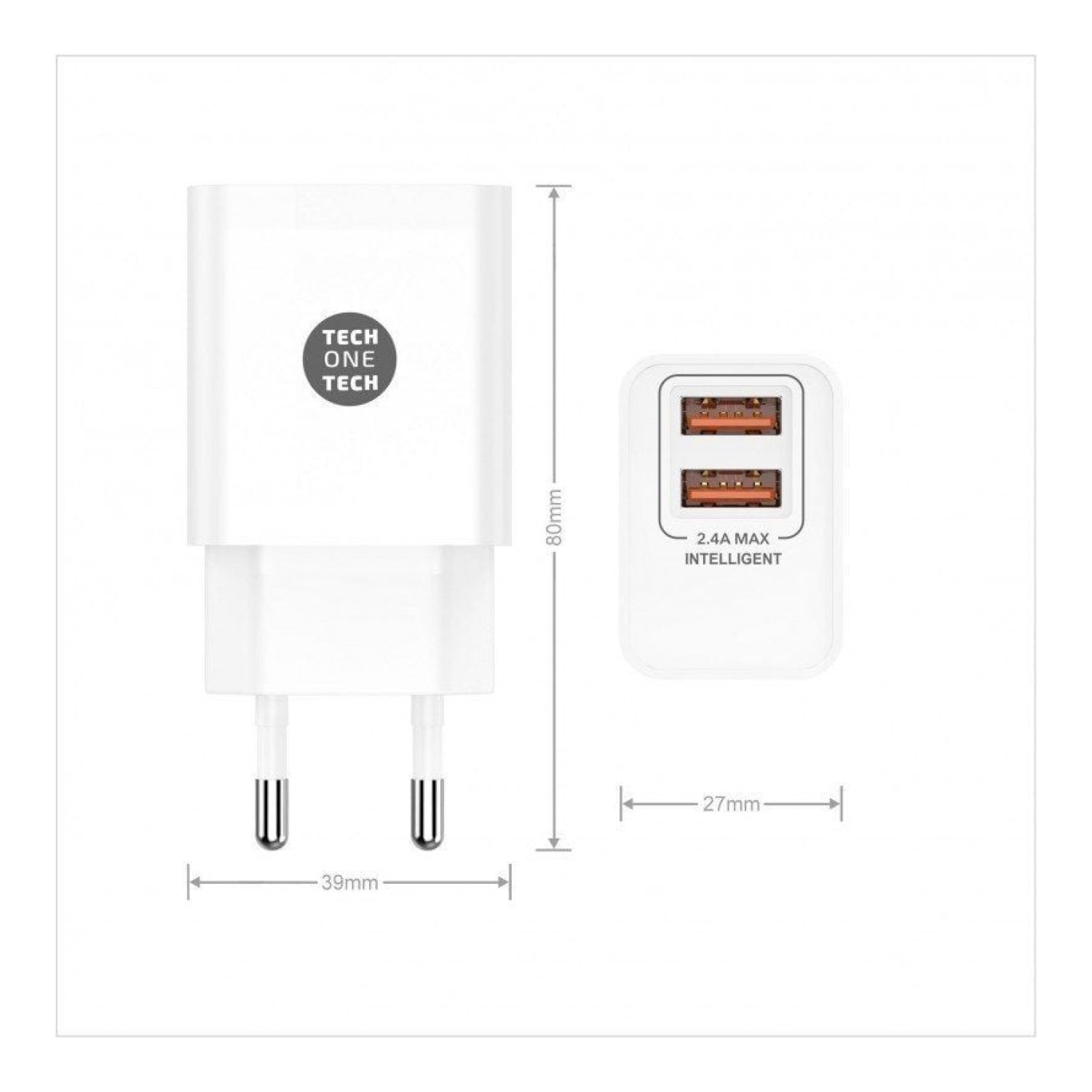 Tech One Tech · Cargador Pared Dual USB · 2xUSB + USB-C · 12W · Blanco